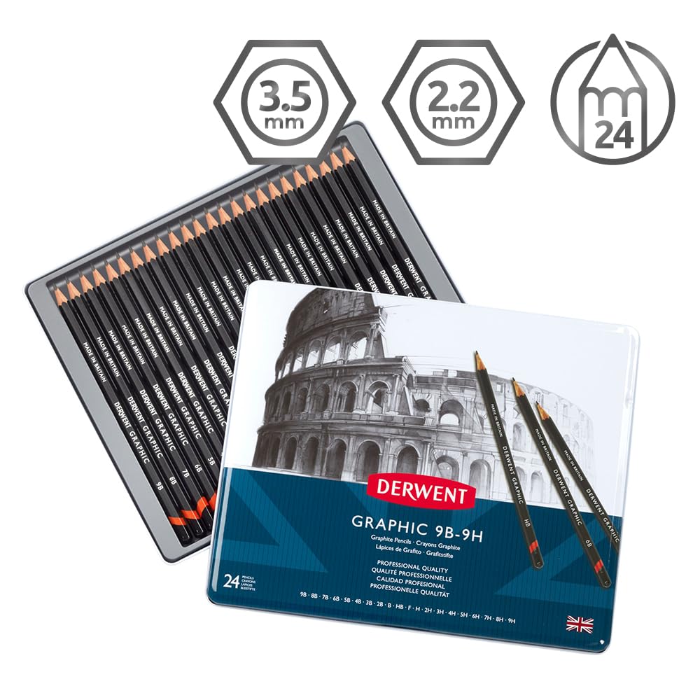 Derwent Graphic Pencils Set - 24 Premium Artist Drawing Pencils in Metal Tin (34202) - Perfect for Sketching, Shading & Professional Artwork