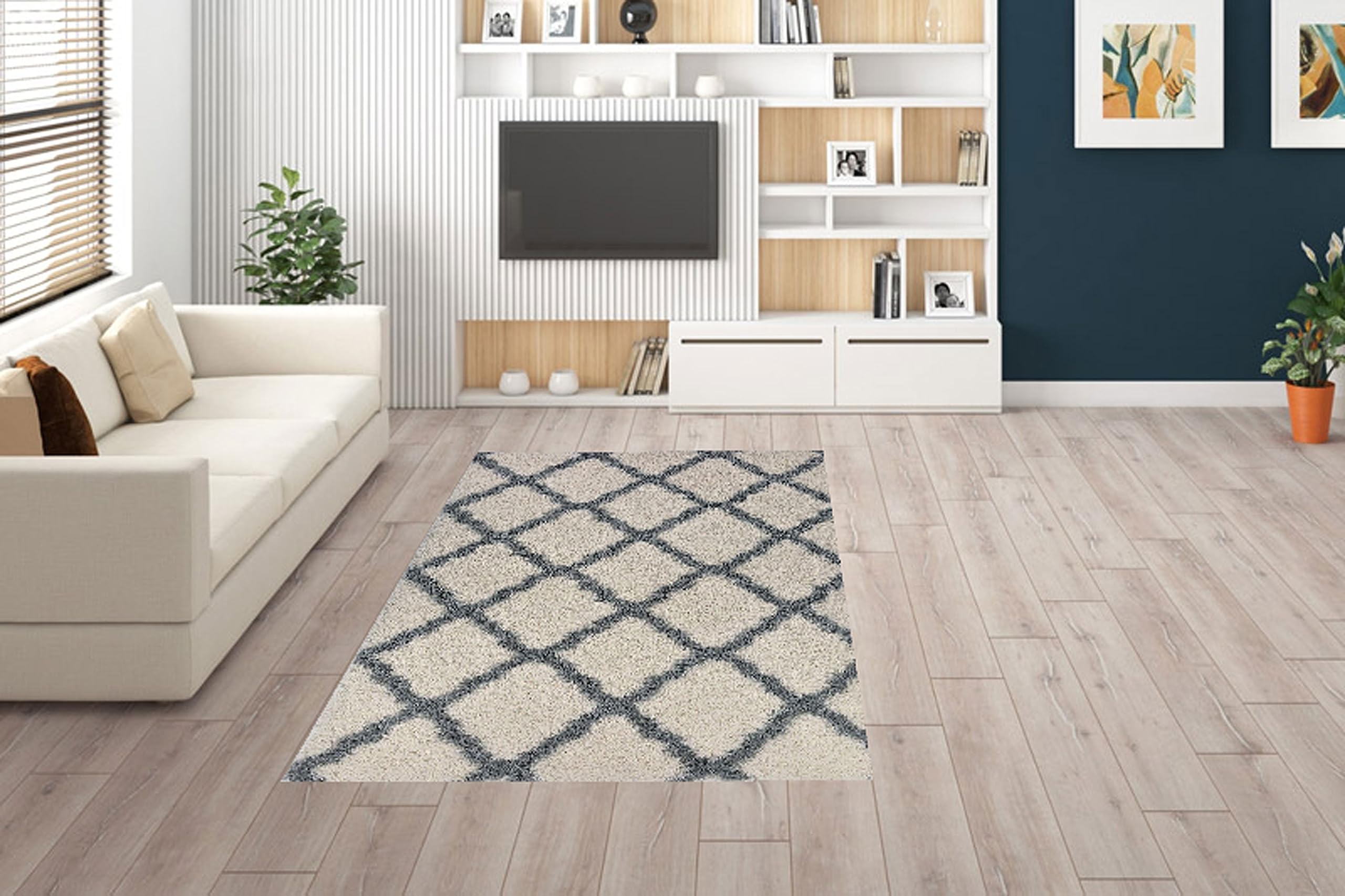 Stylish Moroccan Trellis Shag Area Rug - Soft Ivory Shaggy Carpet for Living Room & Bedroom | Modern Boho Home Decor