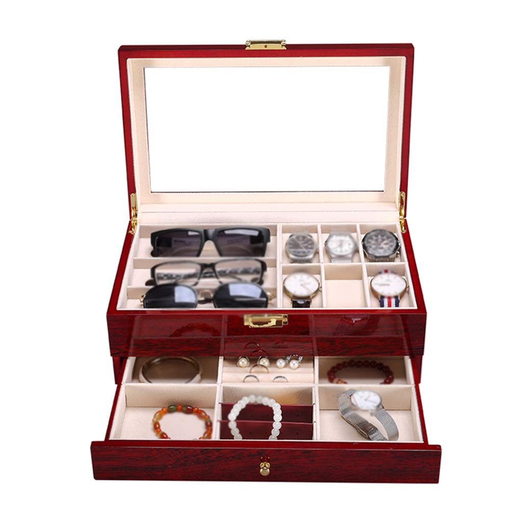 6-Slot Watch Box with 2-Tier Jewelry Organizer - Luxury Watch Storage Case with Removable Cushions, Accessories Tray & Metal Buckle - Perfect for Watch Collectors, Travel & Gift Giving (Red)