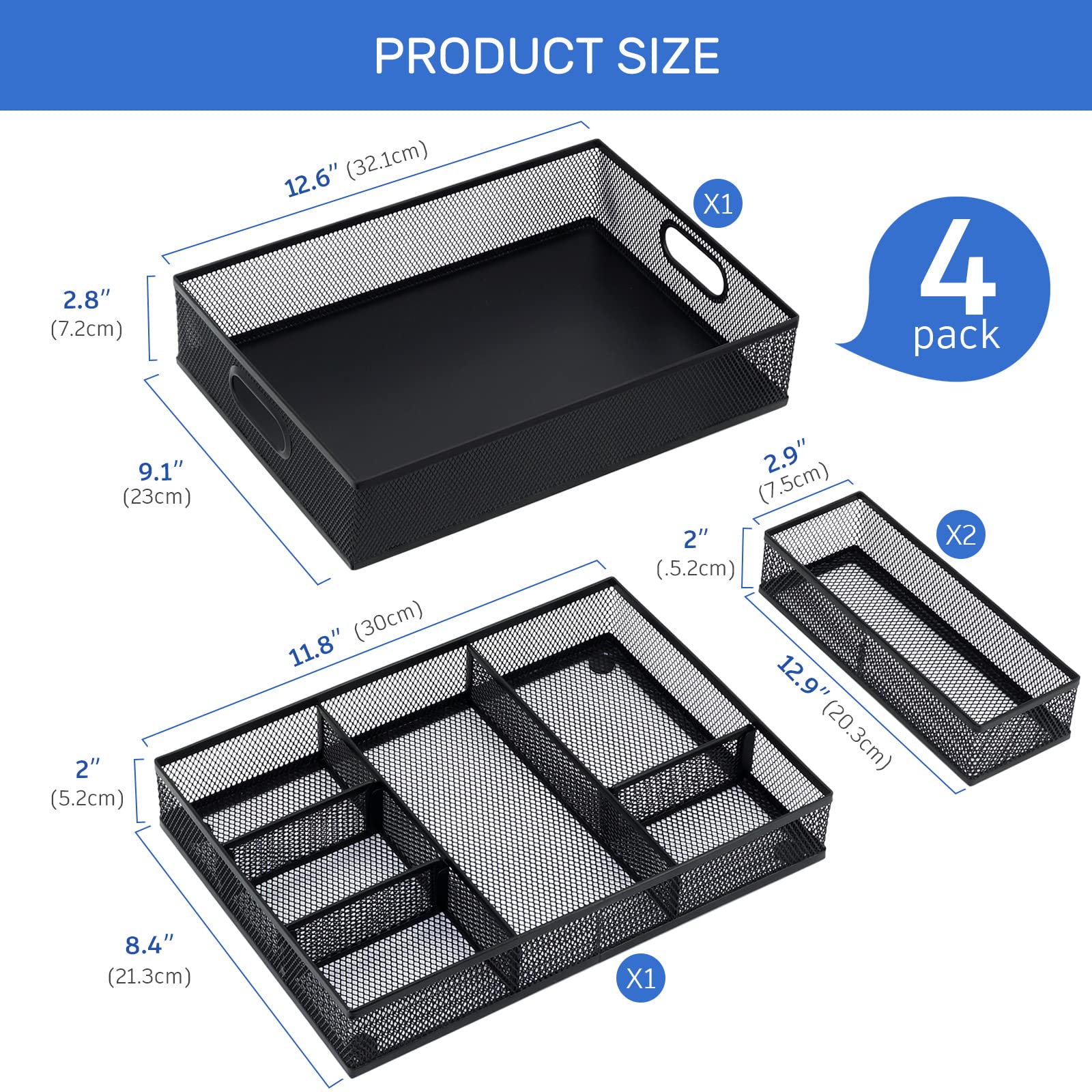 6-Section Adjustable Metal Mesh Desk Drawer Organizer - Black Office Supplies Tray for Pens, Pencils & Stationery (Set of 4) | Perfect for Home Office, School & Workspace Organization