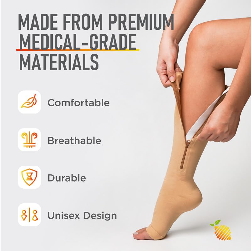 20-30 mmHg Open Toe Medical Compression Socks with Zipper - Varicose Veins & Diabetic Support, Skin-Friendly Zip Guard, Lightweight Beige Stockings (Large, 1 Pair) - Ideal for Travel, Post-Surgery & Daily Comfort