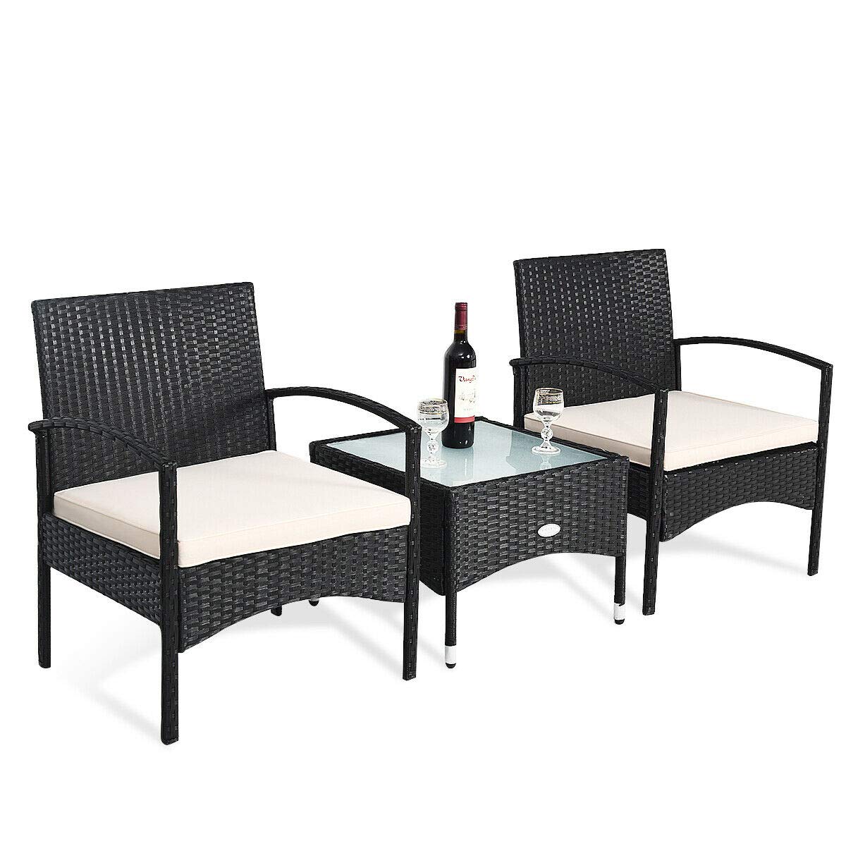3-Piece Patio Wicker Rattan Furniture Set with Thick White Cushions - Outdoor Lounge Chairs for Poolside, Garden, Backyard & Patio - Weather-Resistant Rattan Sofa Set for Relaxing in Sun or Shade