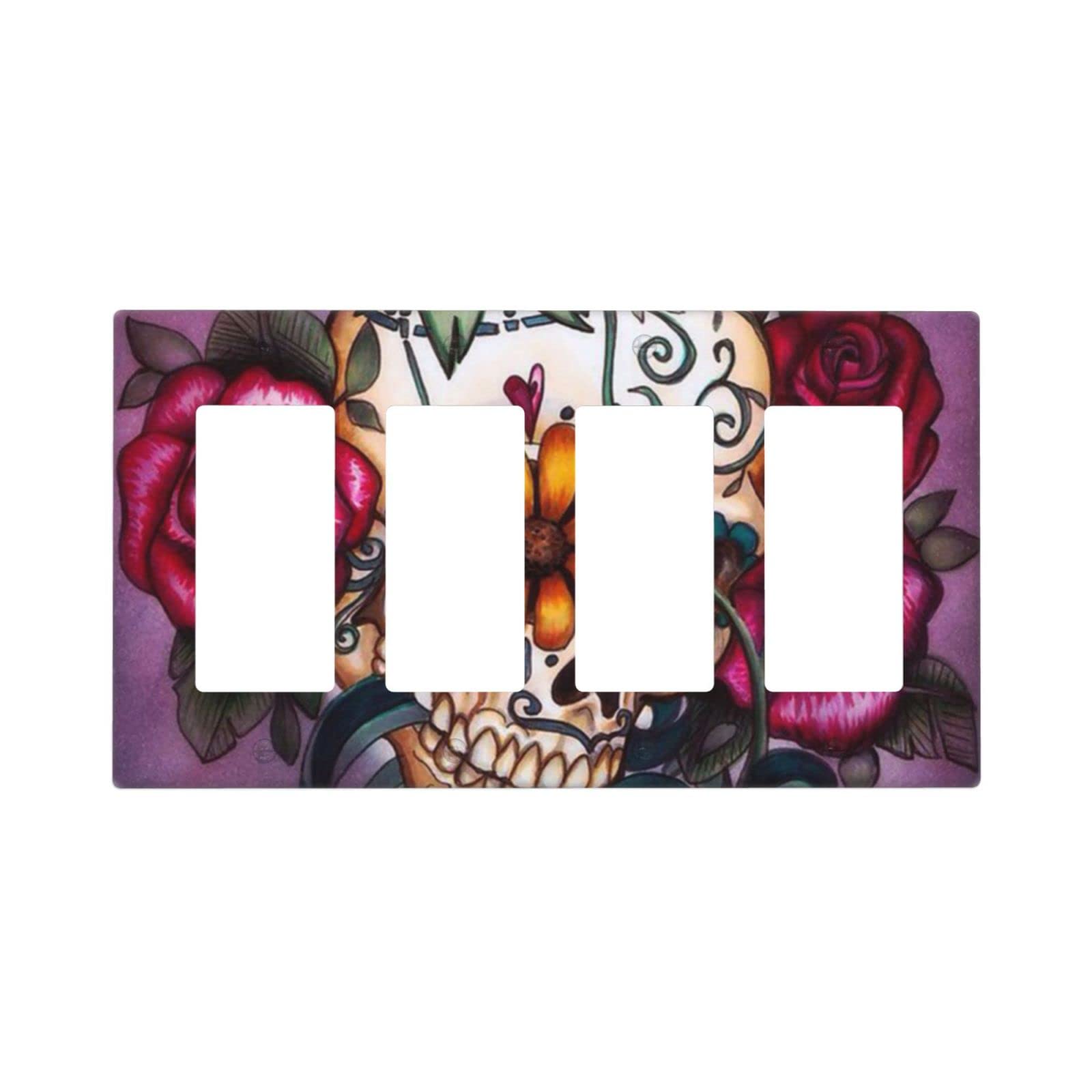 Single Toggle 4-Gang Light Switch Cover with Rose Sugar Skull Flowers Print - Decorative Outlet Cover Wall Plate for Home, Office & Halloween Decor