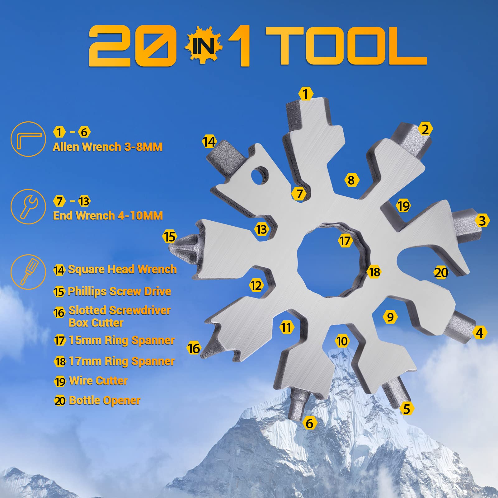 20-in-1 Snowflake Multitool Pocket Size Mini Gadget - Screwdriver, Wrench & Bottle Opener - Perfect Christmas Stocking Stuffer Gift for Men, Dad & Teens - Great for Camping, Hiking & Everyday Carry (EDC)