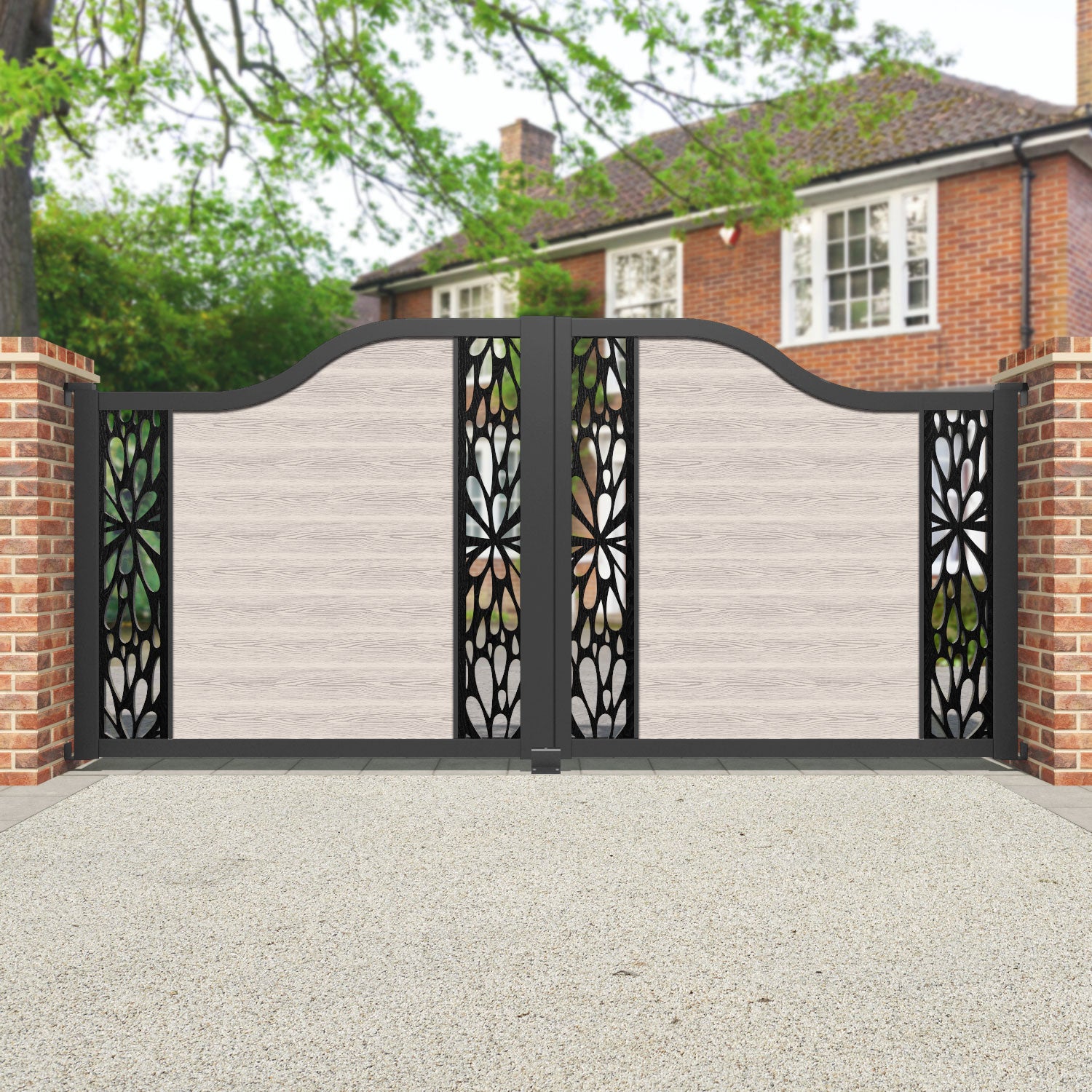 Classic Blossom Curved Top Driveway Gate - Mid Stone Design with Middle & End Screen | Elegant Home Entrance Solution for Garden, Villa and Residential Security