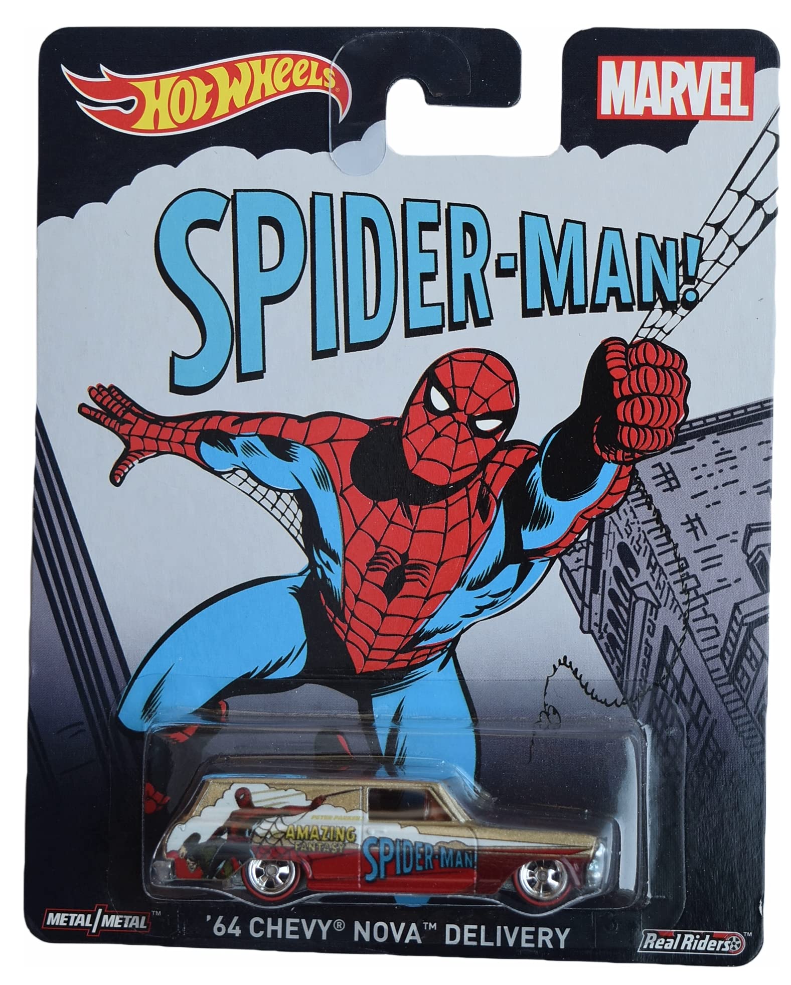 Hot Wheels '64 Chevy Nova Delivery Die-Cast Car - Gold Spiderman Edition - Collectible Toy Car for Kids & Adults - Perfect for Play, Display & Gifts
