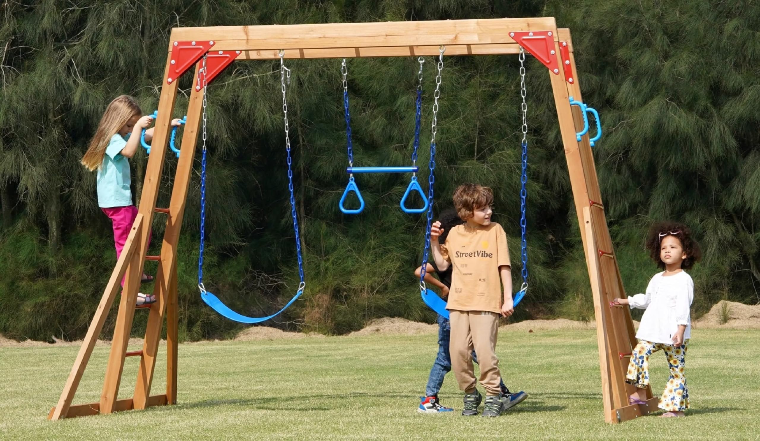 Dolphin Playground Wooden Swing Set for Backyard - Heavy Duty Outdoor Playset with Monkey Bars, Trapeze Swing & 2 Belt Swings | Kids Play Equipment for Backyards, Parks & Daycare Centers