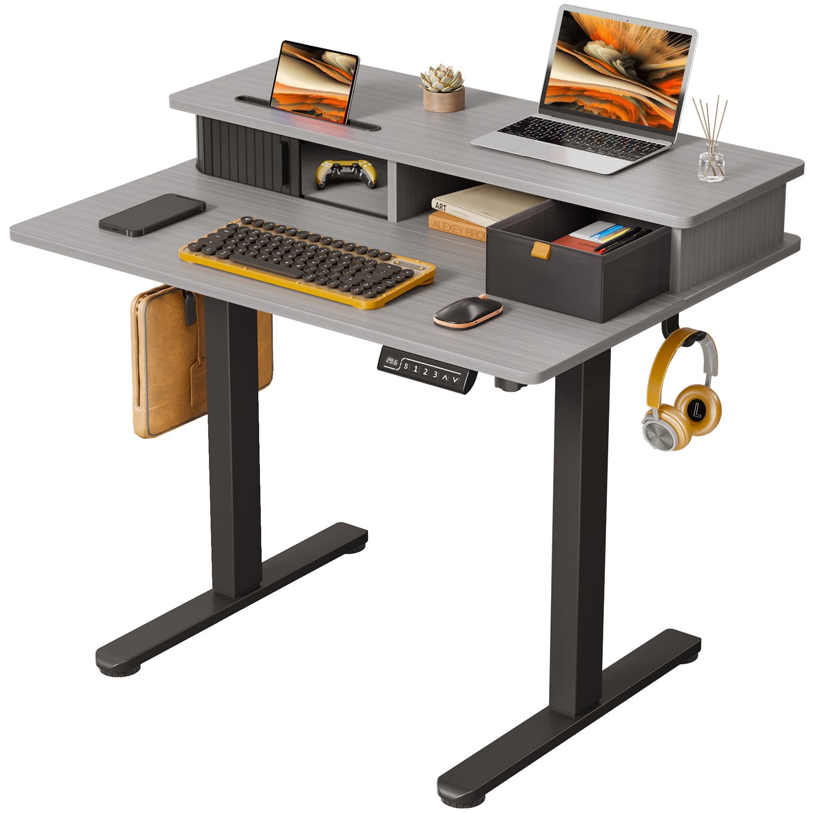 JOY Worker 35 x 25 Inch Electric Standing Desk - Height Adjustable Home Office Desk with Built-in Monitor Stand, Storage Drawer & 2 Hooks (Grey) | Perfect for Remote Work, Gaming Setup & Small Workspaces