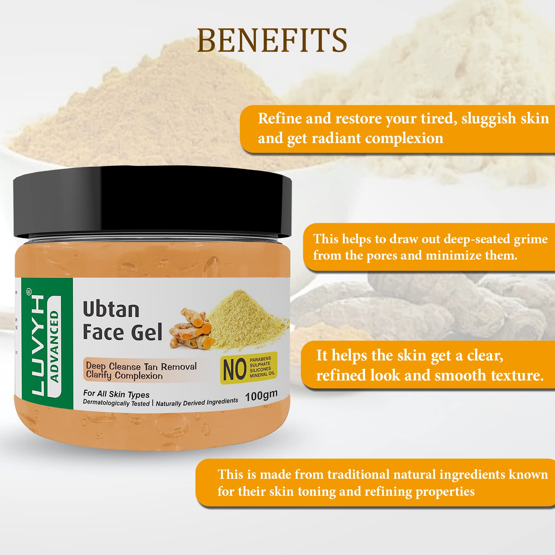 Luvyh Ubtan Ultra Light Gel Oil-Free Moisturizer for Face, Body & Hands - Turmeric & Saffron Infused Deep Hydrating Cream (200g) | Daily Skincare for Dry & Sensitive Skin