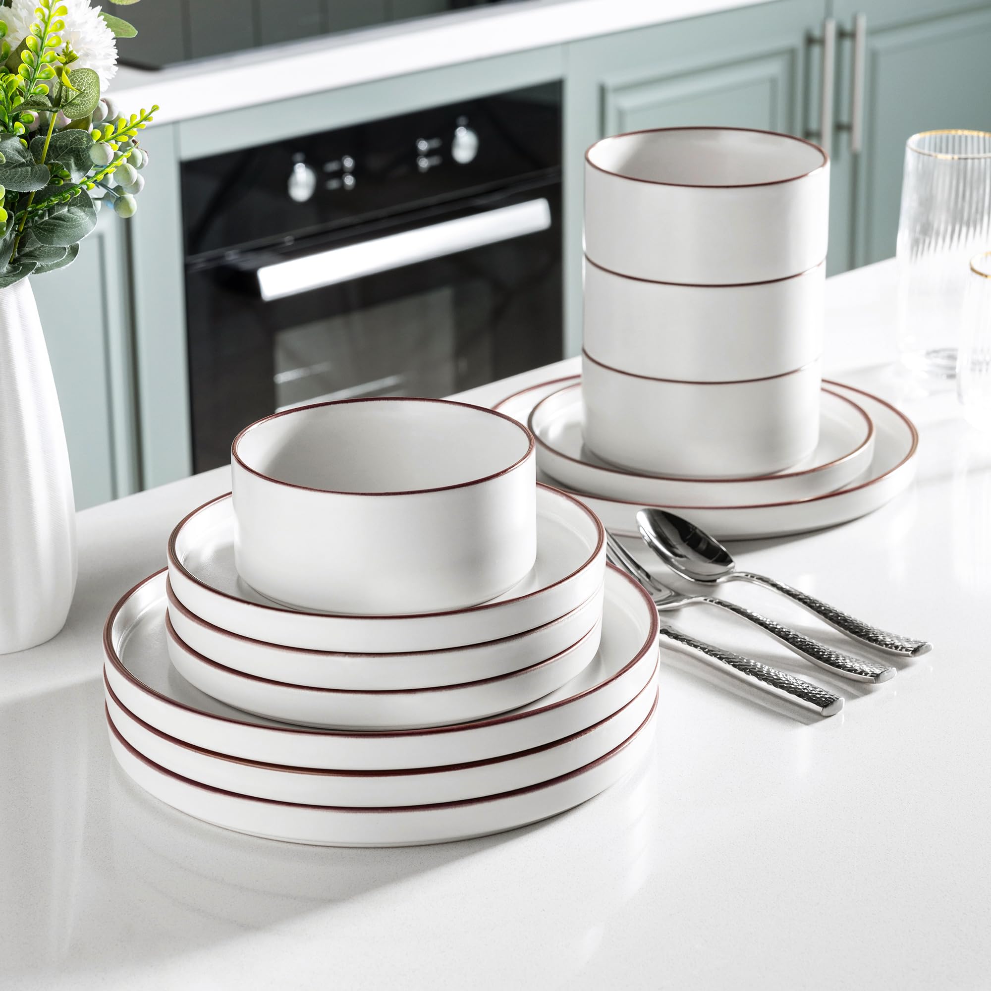 LERATIO 16-Piece Ceramic Dinnerware Set for 4, Stoneware Plates & Bowls with High Edge - Chip & Crack Resistant, Oven/Dishwasher/Microwave Safe - Vanilla White - Perfect for Family Dinners, Restaurant-Style Dining & Entertaining Guests