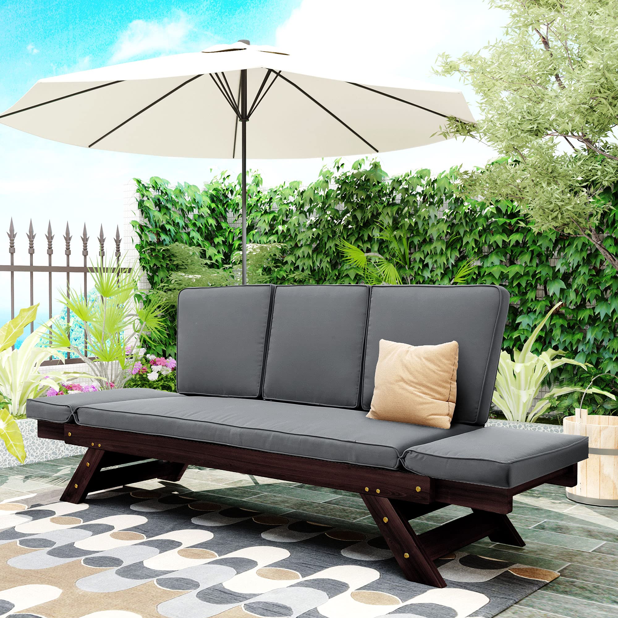 Merax Outdoor Patio Furniture Set - Adjustable Wooden Daybed & Sofa Chaise Lounge with Cushions (Brown & Gray) - Perfect for Backyard, Poolside & Garden Relaxation