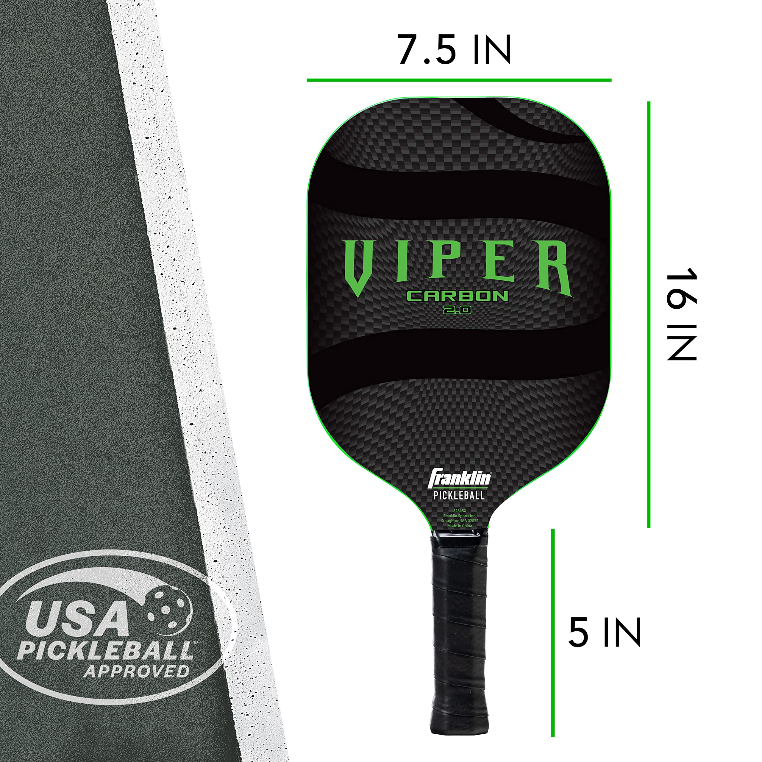 Franklin Sports Pickleball-X Carbon Fiber Viper Paddle - Lightweight & Durable Pickleball Racket for Indoor/Outdoor Play - Perfect for Beginners & Advanced Players (Green)