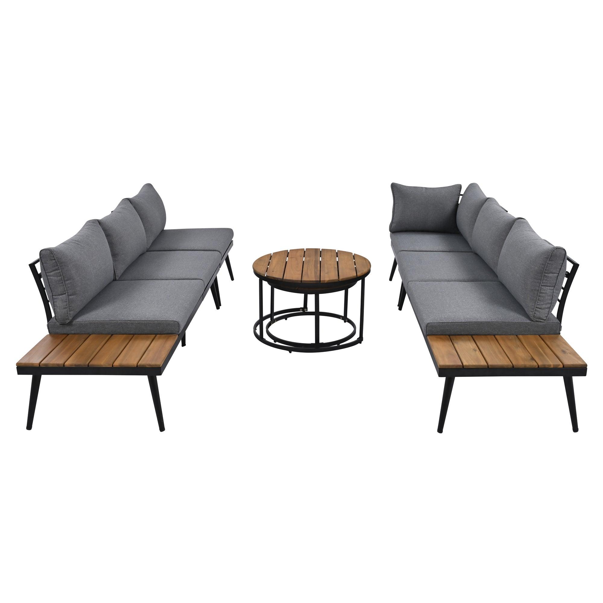 6-Piece Outdoor Sectional Sofa Set with Round Nesting Coffee Tables & Cushioned Seating - Patio, Porch, Garden Furniture for Backyard, Poolside & Outdoor Living Spaces