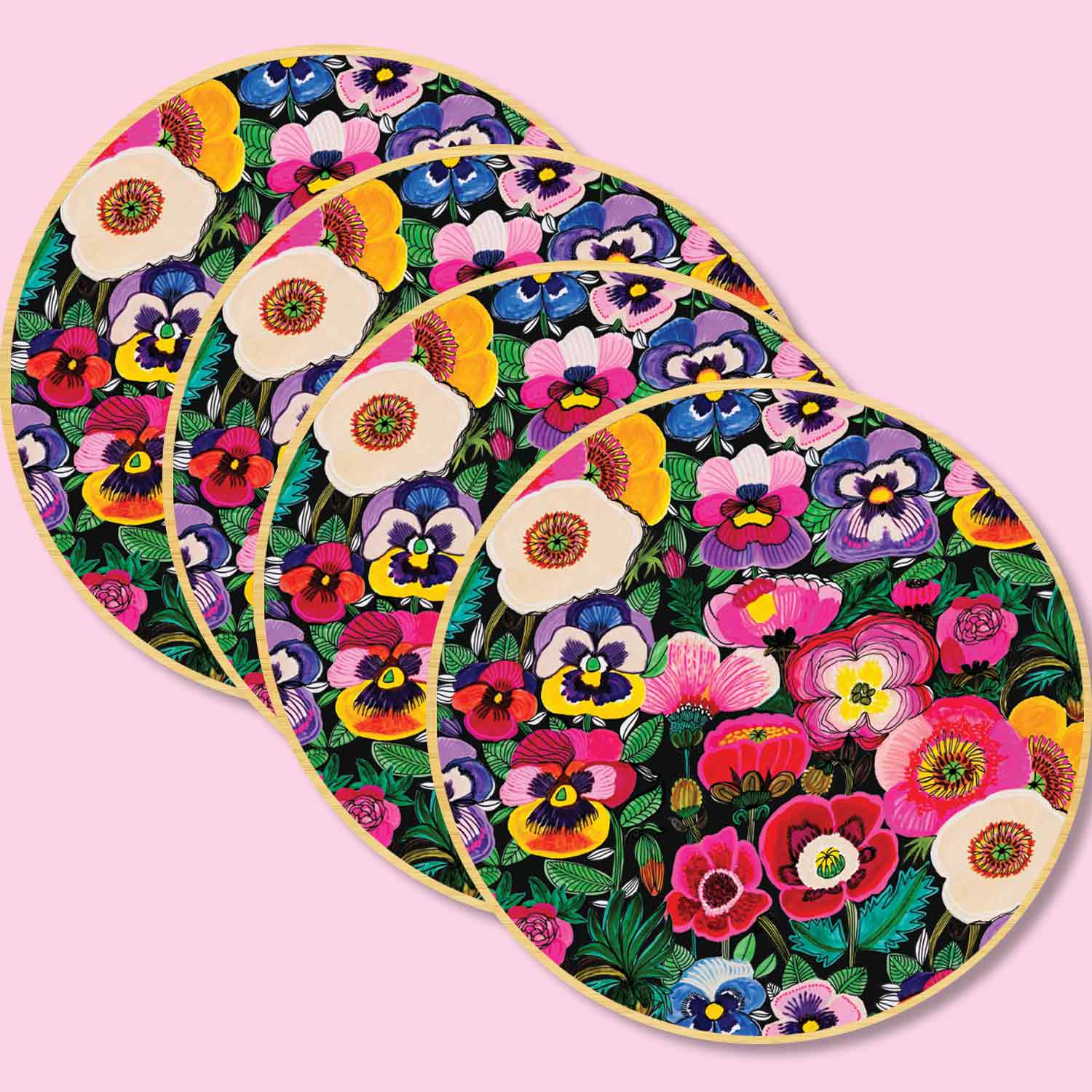 Pansies & Poppies Wooden Coasters Set with Napkins - 4-Piece Floral Coaster and Napkin Holder Set for Dining Table, Kitchen, Party Decor - Perfect for Home, Office, and Gift Giving