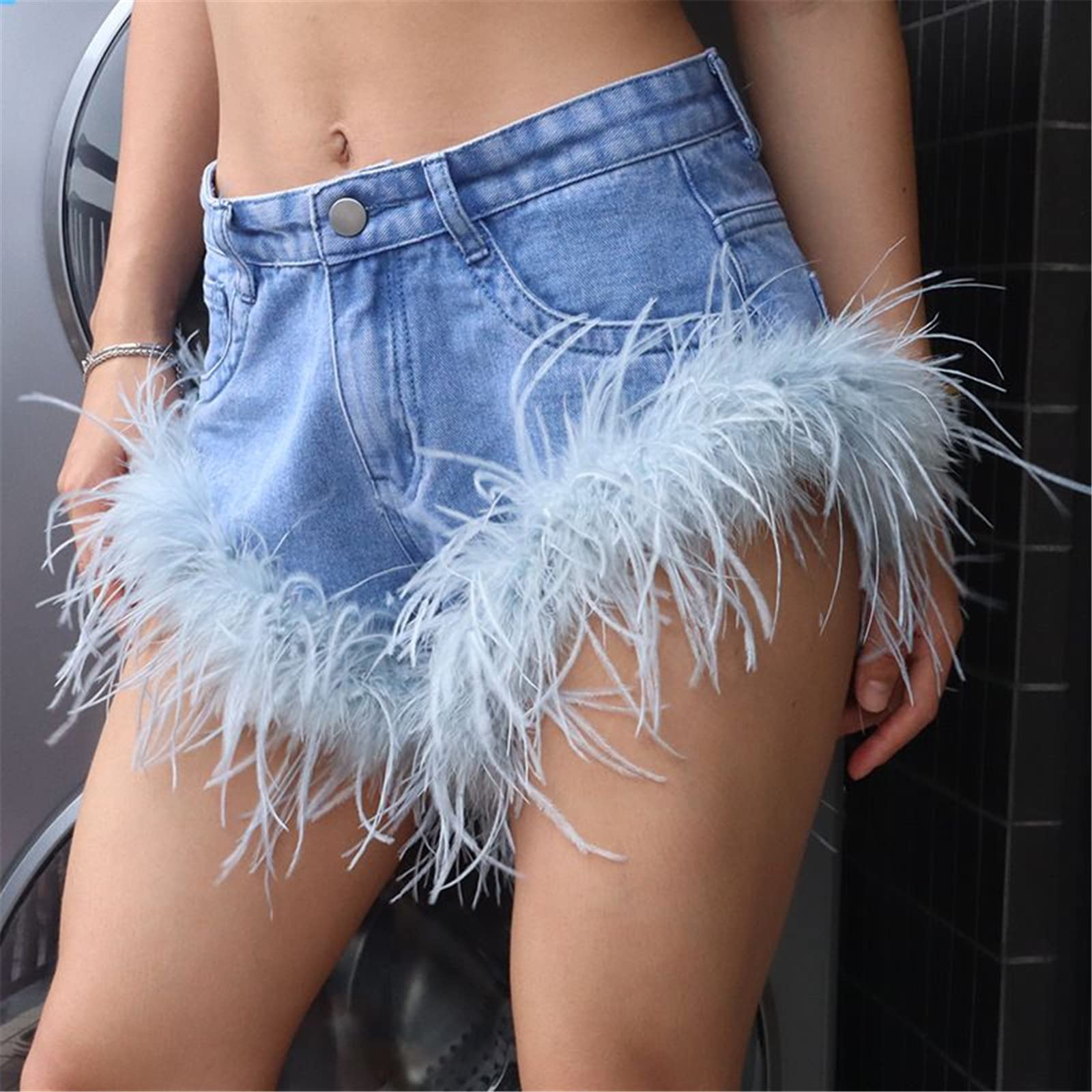 Sexy Denim Shorts for Women with Real Ostrich Feather Trim - Fluffy Furry High Waist Tight Fit Short Pants (XXL, Blue) | Perfect for Summer Parties, Beach Vacations & Night Out Fashion