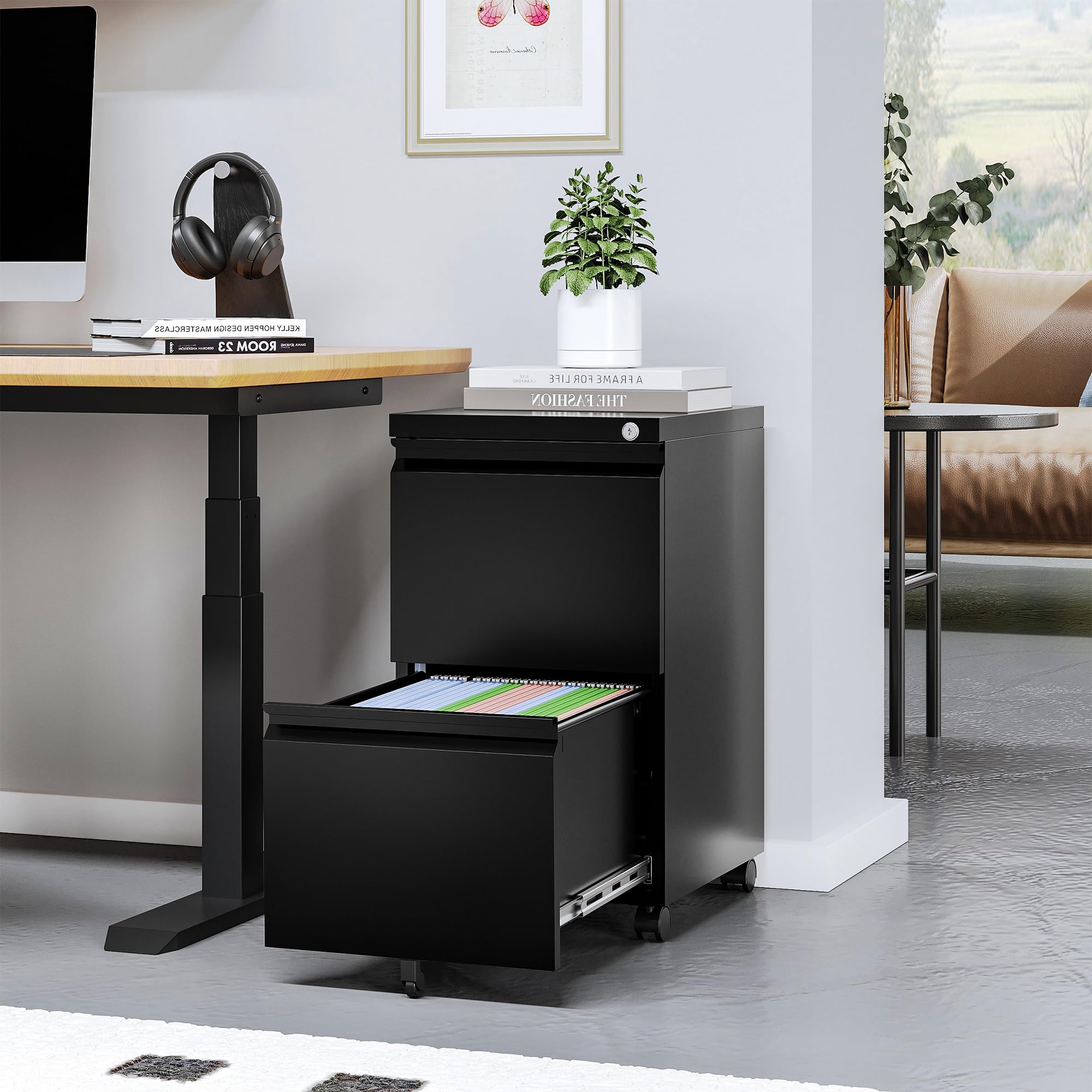 2-Drawer Mobile File Cabinet with Lock & Wheels - Black Metal Rolling File Cabinet for Home Office, Under Desk Storage, Printer Stand - Fully Assembled & Ready to Use