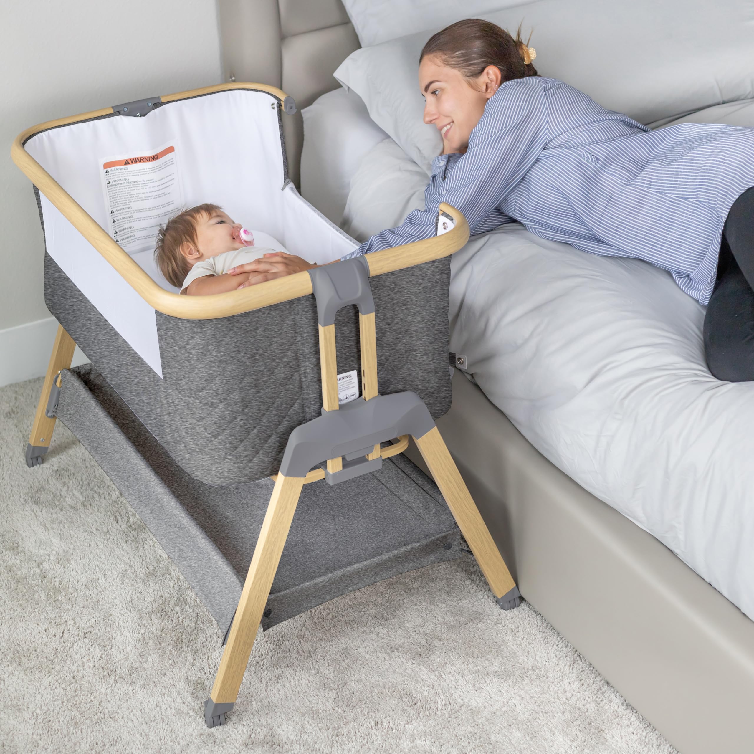 3 in 1 Portable Baby Bassinet with Wheels - Adjustable Bedside Sleeper Crib for Newborns & Infants with 7 Height Settings, Foam Mattress & Storage Basket | Includes Carry Bag | Perfect for Nursery, Bedroom & Travel