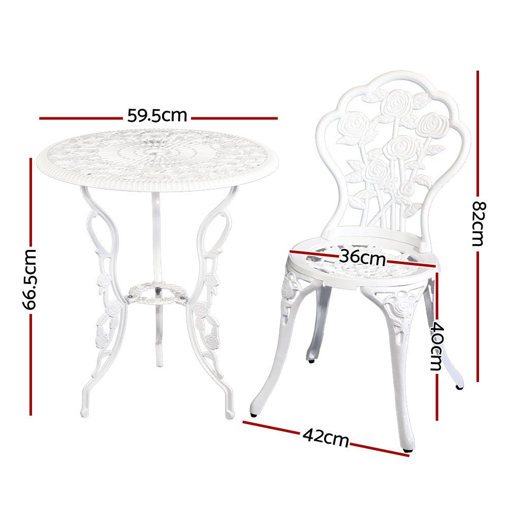3-Piece Outdoor Bistro Set with Chairs and Table - Durable Cast Aluminum Patio Furniture in Rose White - Perfect for Garden, Balcony, and Backyard Relaxation