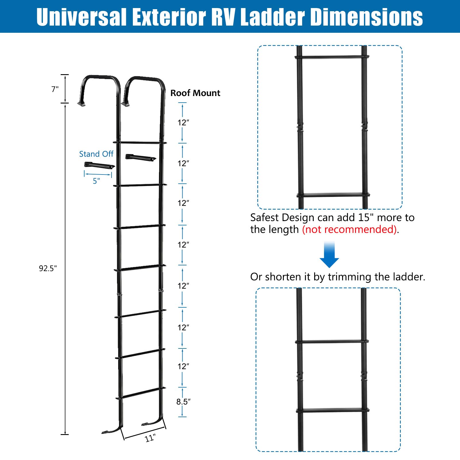 Universal Black Aluminum RV Ladder 7.6FT-8.4FT for Travel Trailers - 250lbs Weight Capacity - Durable Exterior Access Ladder for Camping & Outdoor Adventures