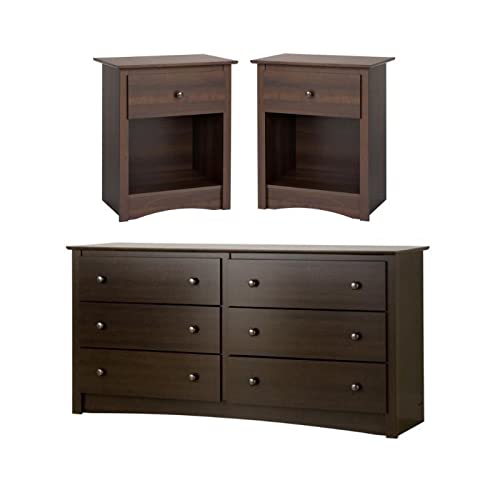 Home Square 3-Piece Bedroom Set - 2 Tall Nightstands & 6-Drawer Dresser in Espresso Finish | Modern Bedroom Furniture for Master & Guest Rooms
