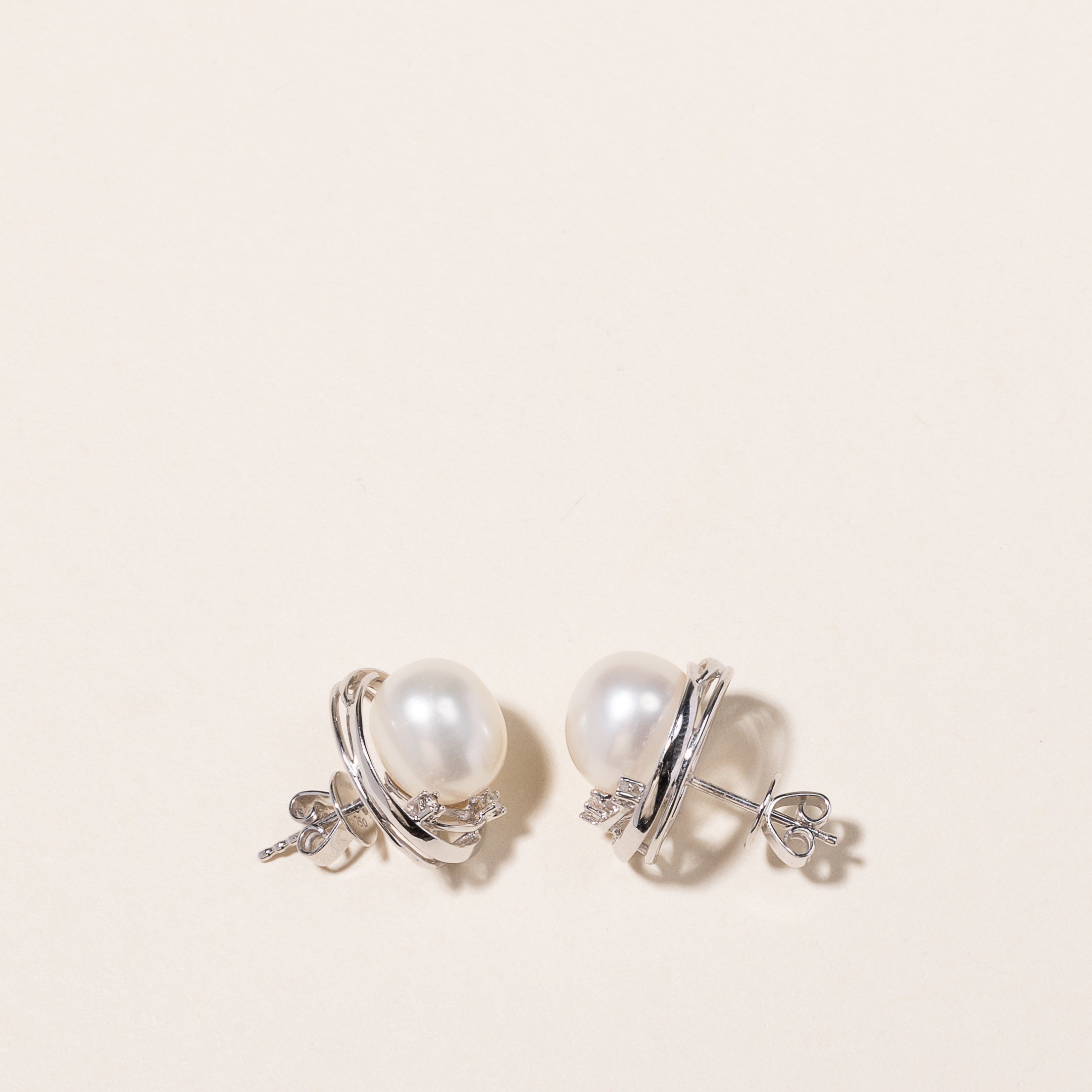 Mikimoto 18k White Gold Pearl & Diamond Stud Earrings | 10.70-9.50mm Freshwater Pearls, 0.06ctw Diamond Accents | Luxury Jewelry for Women, Perfect Gift for Weddings & Anniversaries