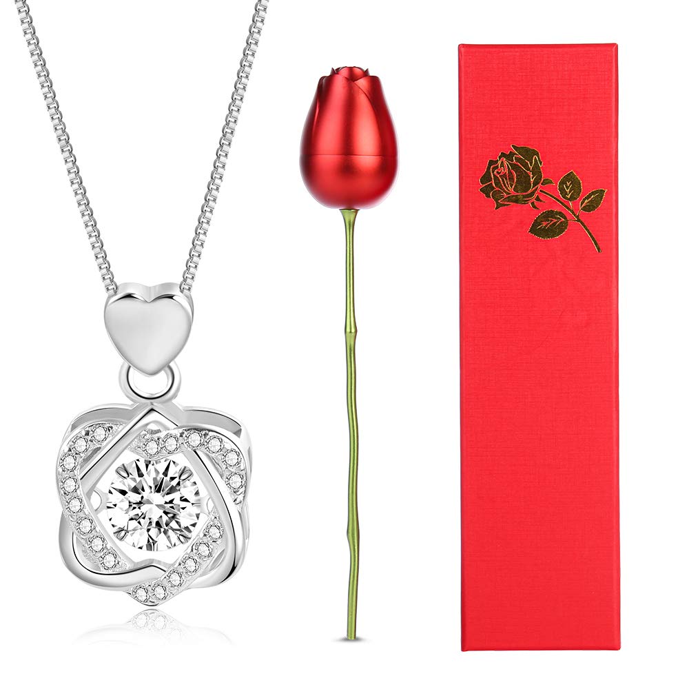 925 Sterling Silver Rose Necklace for Women - Romantic Heart Flower Pendant Couple Promise Necklace with Gift Box | Valentine's Day Jewelry Gift for Her, Anniversary Present, Bridesmaid Proposal