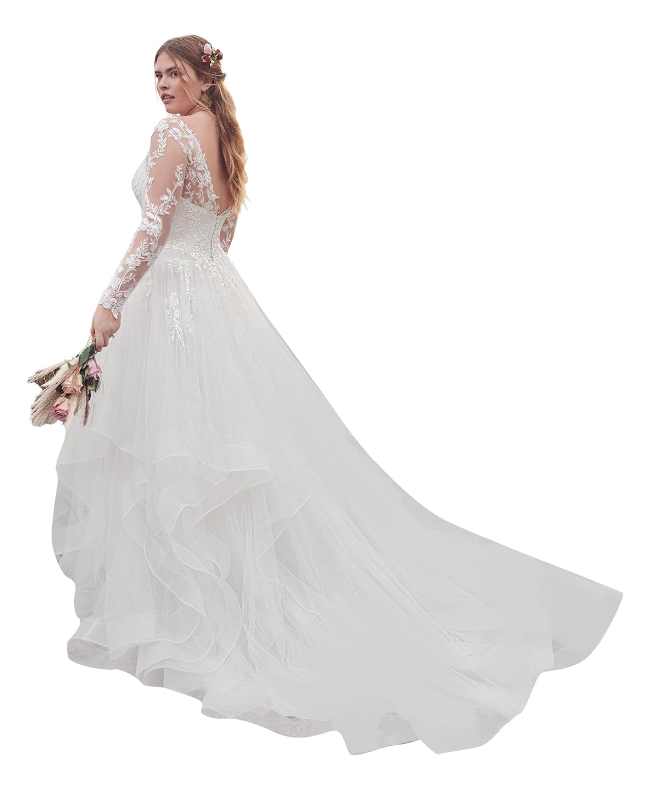 POMUYOO 2024 Women's Long Sleeve Lace Wedding Dress - Elegant Bridal Gown with Sleeves for Bride, Church Ceremony & Outdoor Wedding Photography