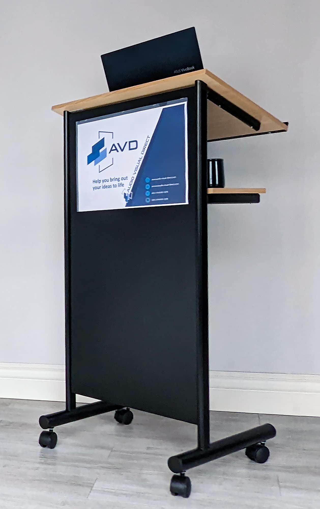 Premium Rolling Lectern Podium with Storage Shelf - Adjustable Height Standing Desk for Presentations, Laptop Work & Public Speaking - Solid Beech Wood & Black Finish - Perfect for Classrooms, Churches & Conference Rooms