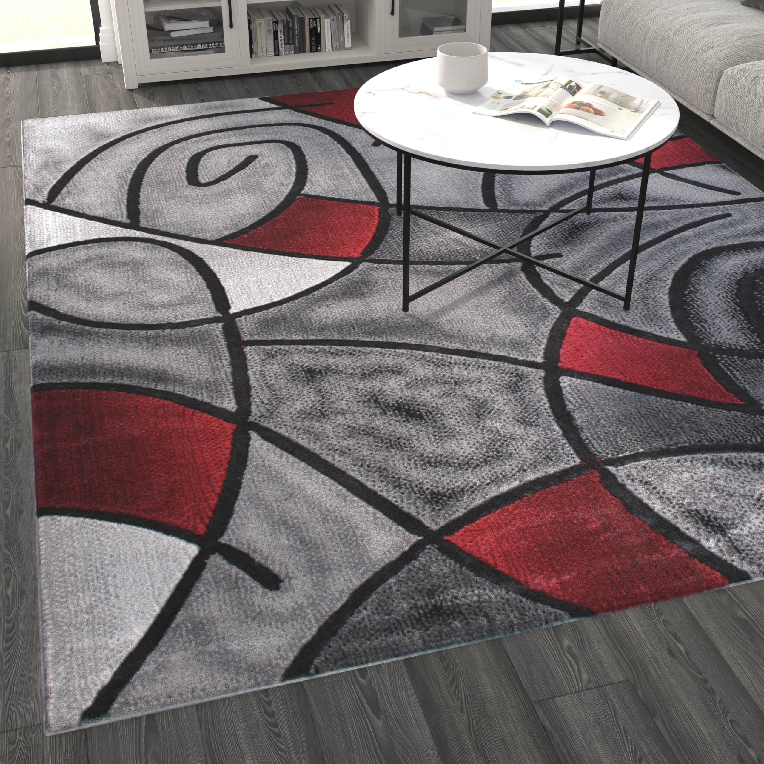 8' x 10' Red Abstract Area Rug - Soft Olefin Rug with Non-Slip Jute Backing - Perfect for Living Room, Bedroom & Family Room - Adds Modern Style to Any Home Decor