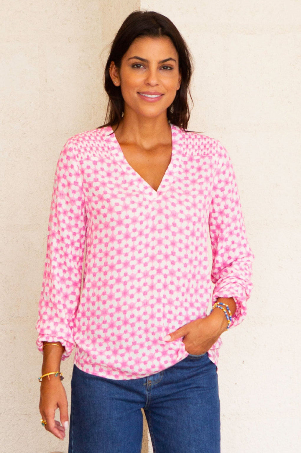 Clea Blouse | Maui Pink & White Floral Print Women's Top | Perfect for Summer Beach Vacations & Casual Outings