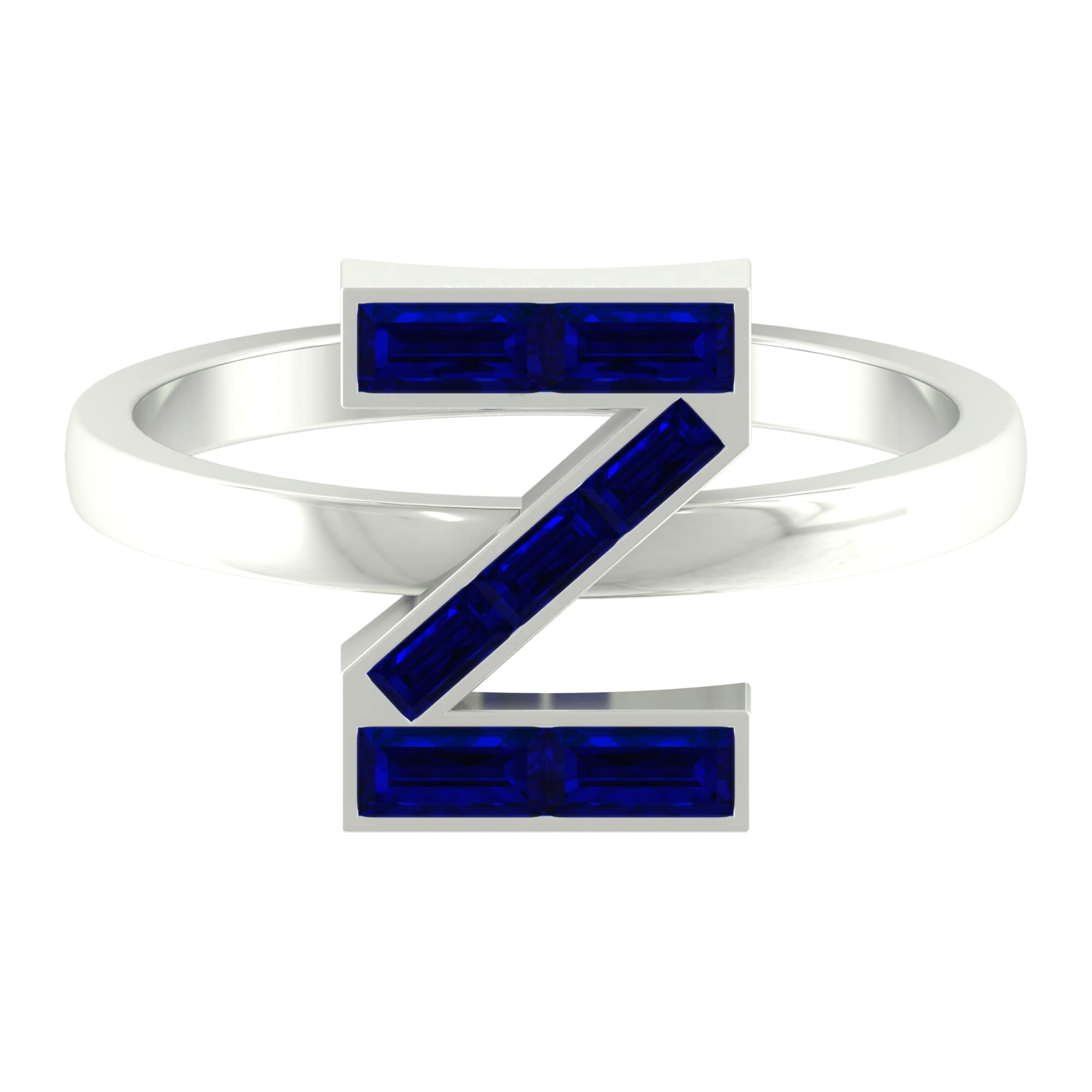 Lab Created Blue Sapphire Initial Rings A-Z | 14K White Gold Alphabet Letter Rings | Created Sapphire Baguette Name Rings | Perfect for Personalized Gifts, Birthdays & Anniversary Jewelry