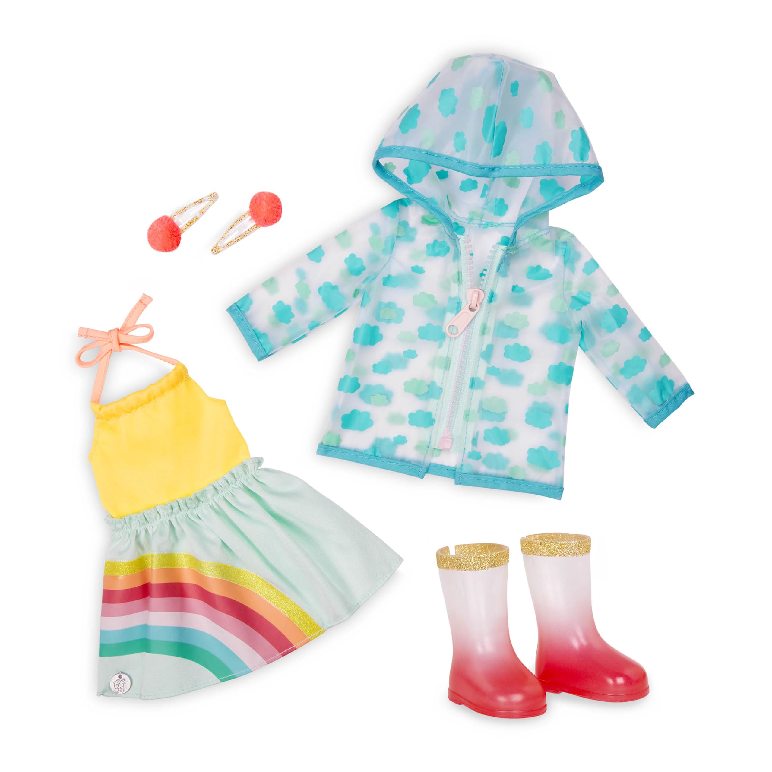 Glitter Girls 14-inch Doll Clothes Set - Rainbow Dress, Hair Clips, Raincoat & Boots - Smile! Rain or Shine Outfit - Perfect Toy Gift for Girls Ages 3+ - Great for Pretend Play, Dress Up & Indoor Activities