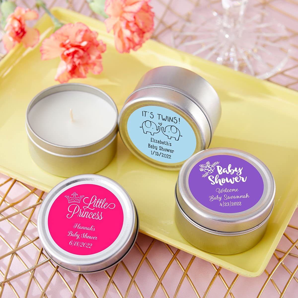 Kate Aspen Personalized Travel Candle Tin - 72PCS Custom Baby Shower Favors with Round Sticker Design - Perfect for Baby Showers, Bridal Showers & Wedding Decor Gifts