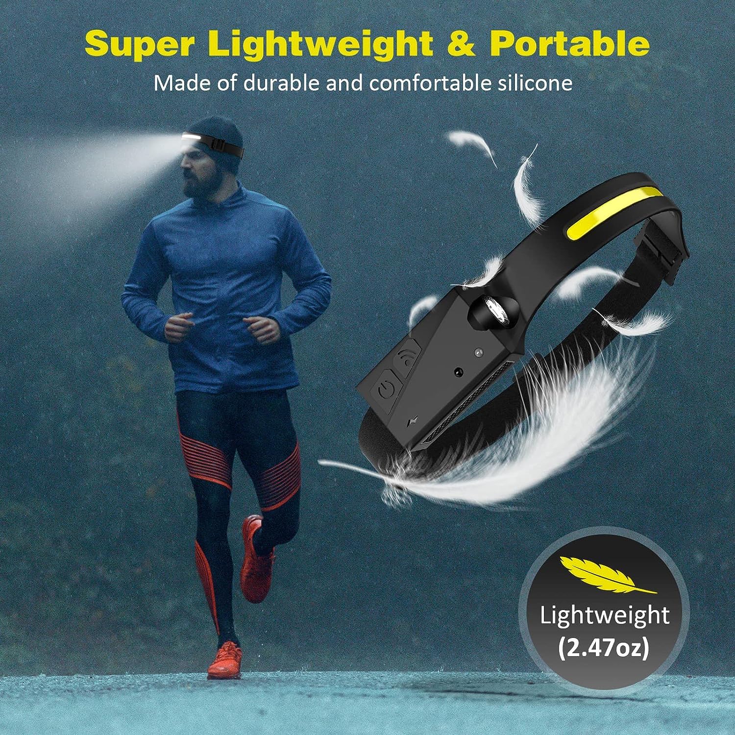 Rechargeable LED Headlamp with Motion Sensor - Ultra Lightweight 2.47oz COB Headlight Flashlight - 5 Lighting Modes for Camping, Hiking, Running, Cycling, Fishing - Perfect for Outdoor Adventures, Night Work & Emergency Use (2 Pack)