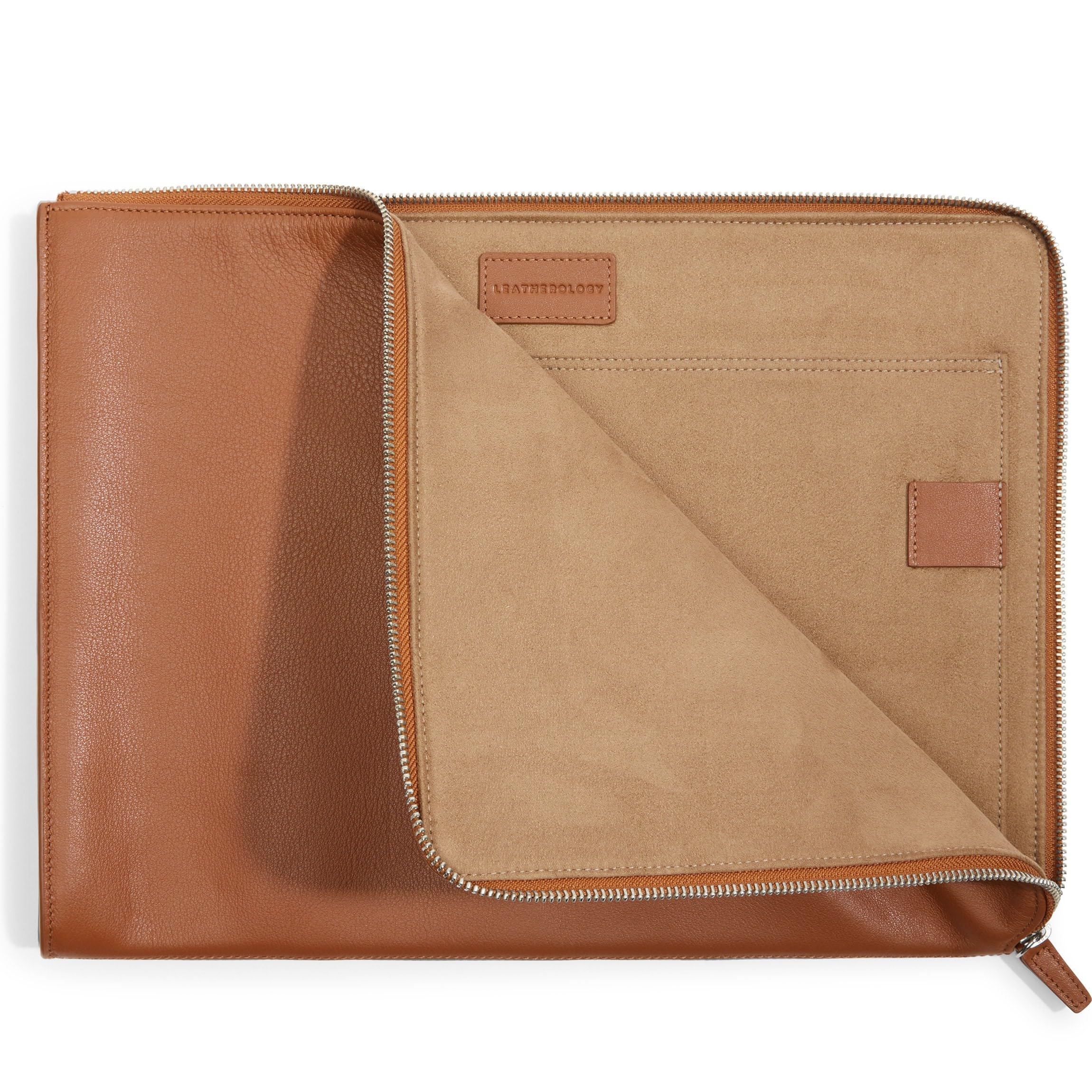 Premium Cognac Leather Zippered Document Holder with Interior Pocket for Tablet - Perfect for Business, Travel & Office Organization