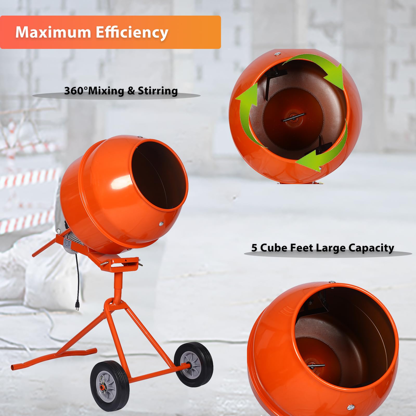 5 CU FT Electric Cement Mixer with Wheels & Stand - 120V Portable Concrete Mixer for Stucco, Mortar, Seeds & Fodder - Ideal for Construction, Gardening & Farm Use