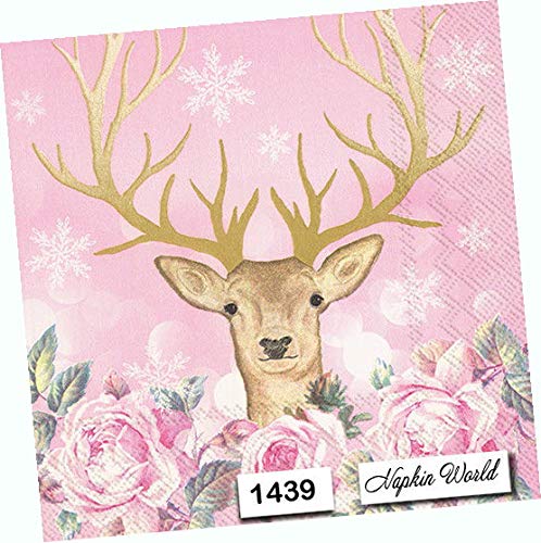 Deer Flowers Snowflakes Paper Napkins - Decorative Luncheon Napkins 6.5x6.5 Inch, Set of 4 - Perfect for Christmas Parties, Wedding Decorations & Holiday Table Settings