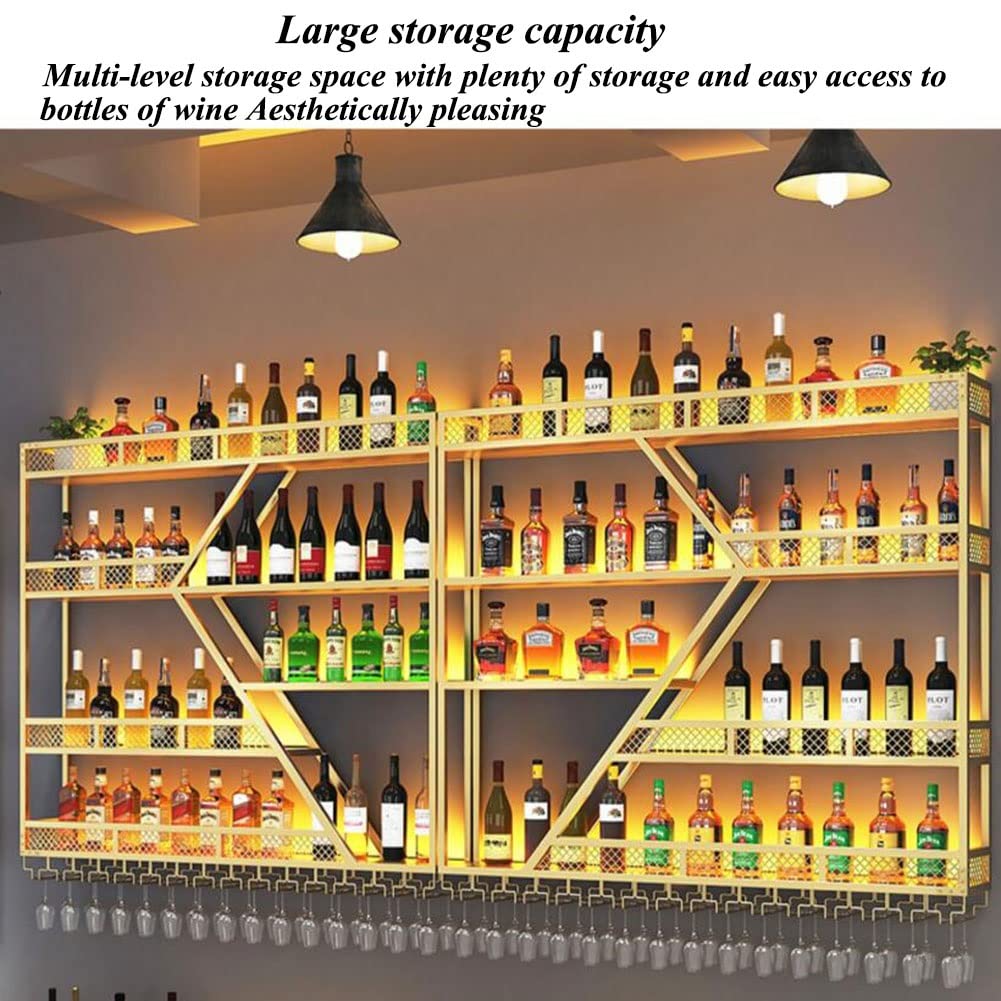 Modern Wall Mounted Wine Rack with LED Lights - Iron Metal Wine Bottle & Glass Holder, Floating Bar Shelves for Living Room, Restaurant, Kitchen Decor | Space-Saving Wine Storage Solution for Home Bars & Entertaining Areas (Black)
