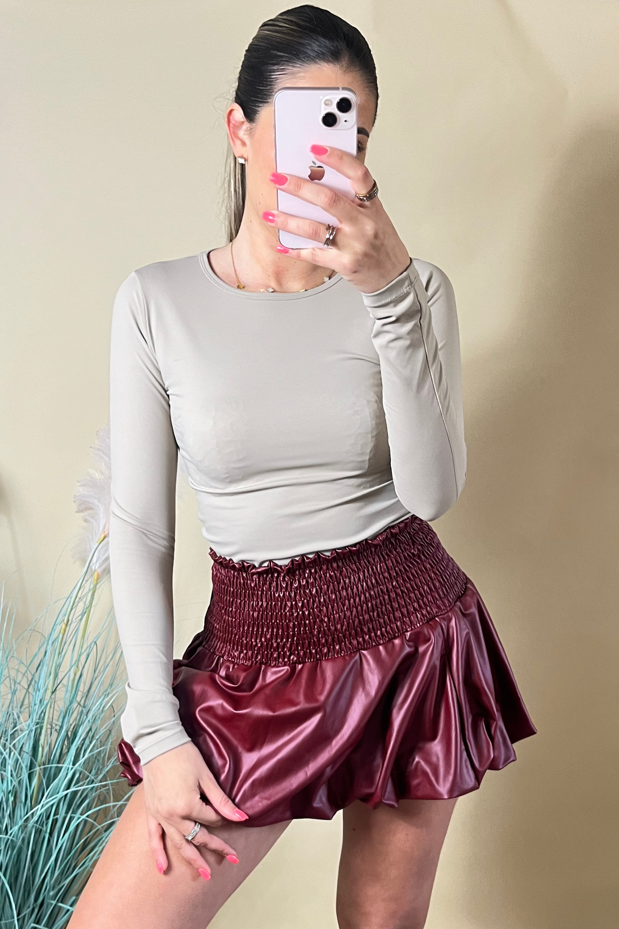 Stylish Burgundy PU Leather Puff Skirt for Women - Perfect for Parties, Dates & Casual Outfits