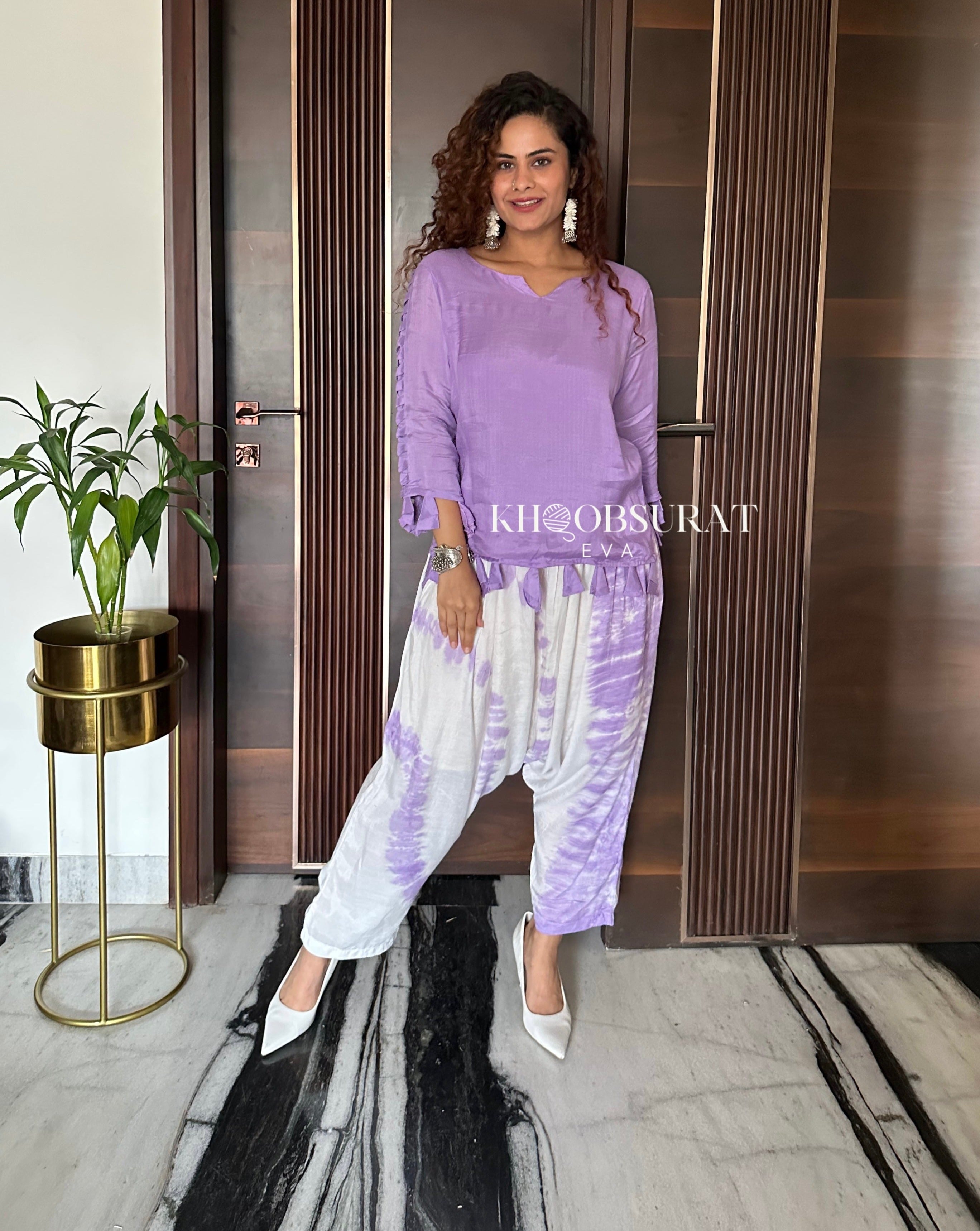 Stylish Purple Top & Tulip Pants Set - Women's Floral Print Outfit for Spring Summer | Perfect for Casual Wear, Office & Date Night