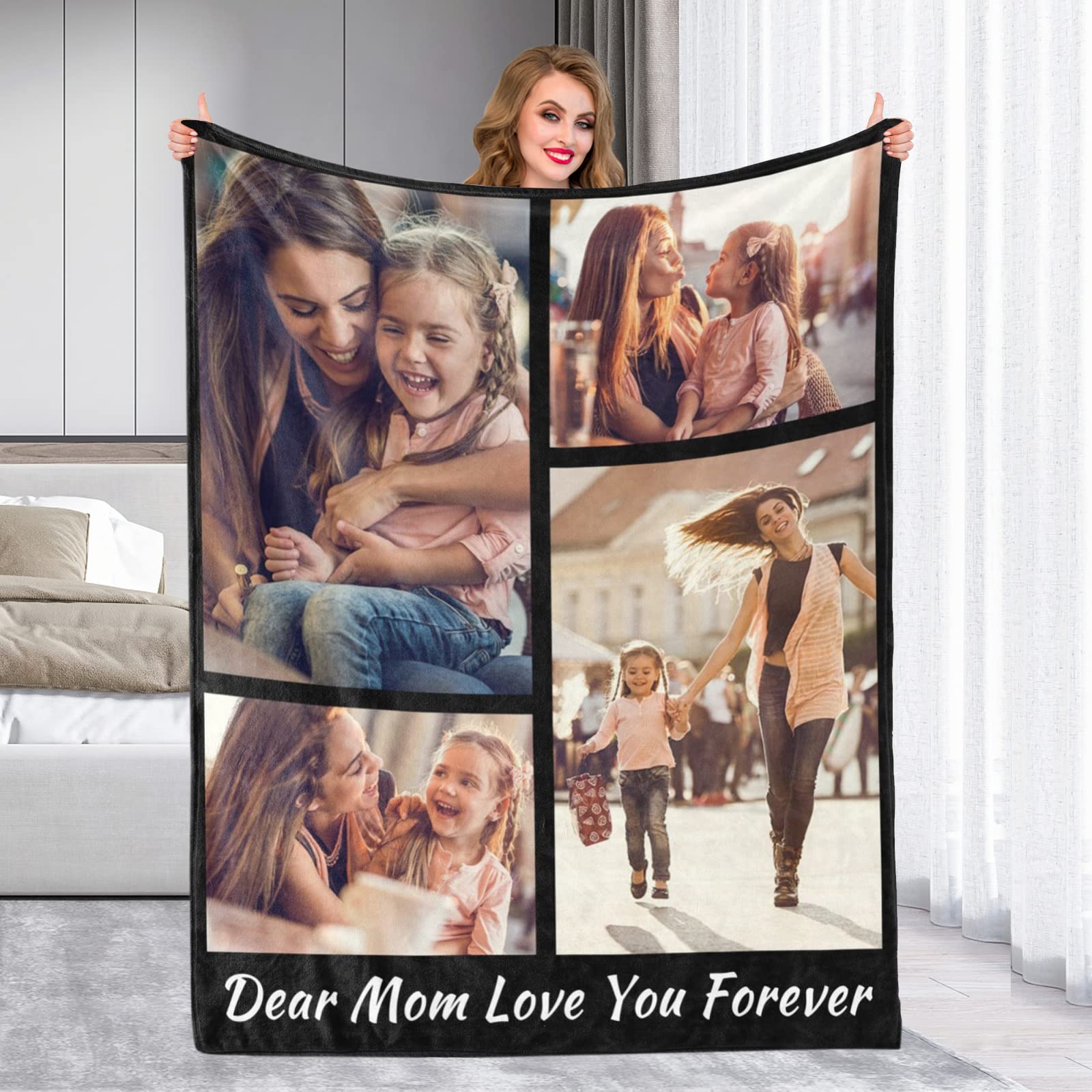 Custom Photo Blanket - Personalized Throw Blanket with Text Collage | Soft Flannel Fleece Blanket for Mom, Grandma | Mother's Day Gift from Daughter, Son, Husband | Perfect for Cuddling, Home Decor & Special Occasions