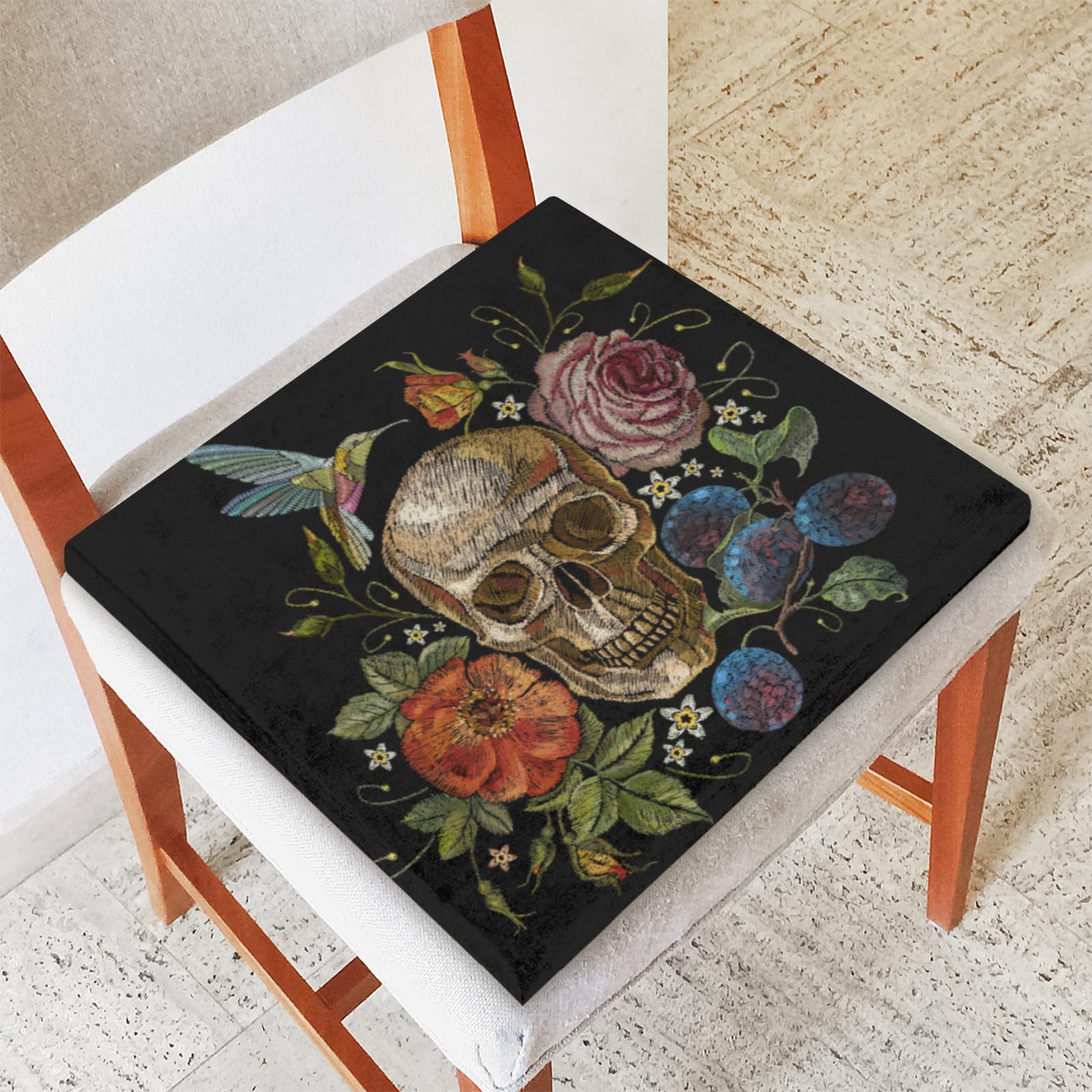 Abstract Skull Flower Hummingbird Memory Foam Seat Cushion - Soft, Washable & Comfortable Square Chair Pad with Zipper for Kitchen, Office, Sofa & Home - Perfect for Back Support & Long Sitting Sessions