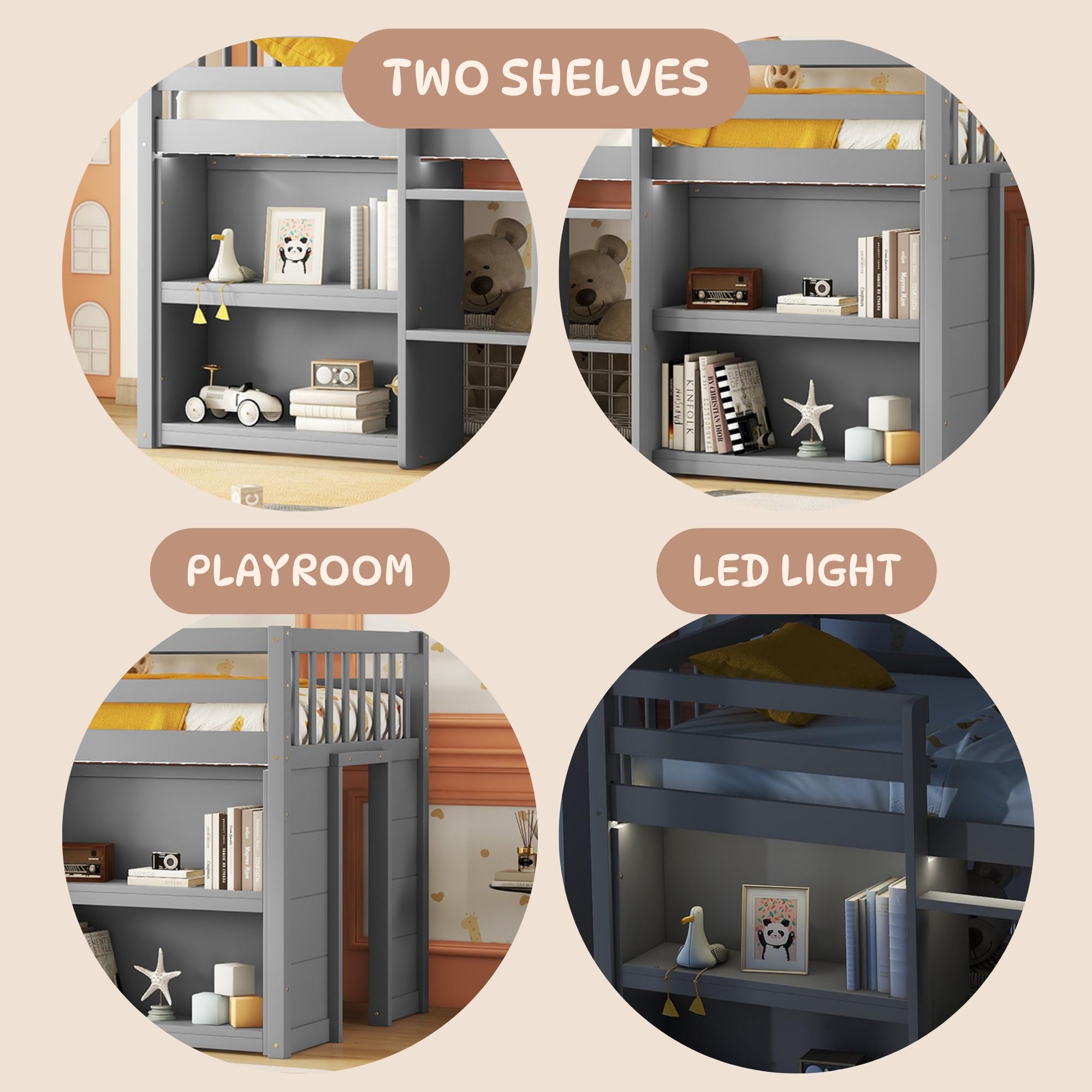 LED Twin Size Low Loft Bed with Storage Shelves & Built-in Lights - Space-Saving Kids Bed Frame for Boys & Girls, Grey - Perfect for Small Bedrooms, Dorm Rooms & Kids' Sleepovers