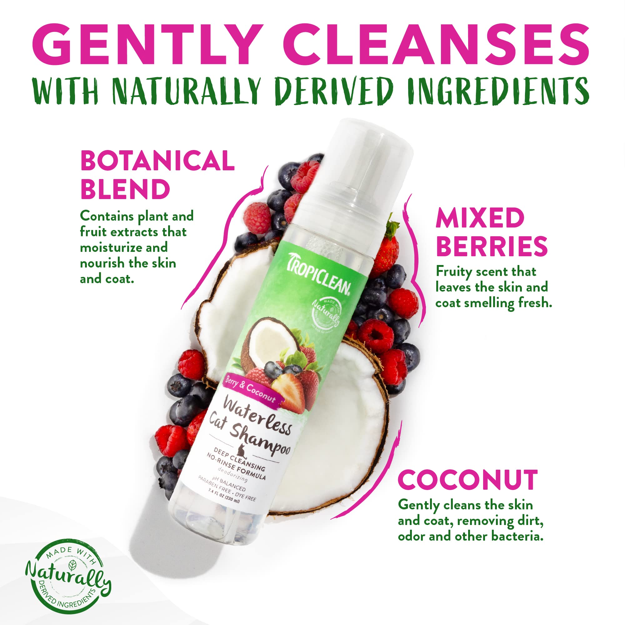 TropiClean Berry Coconut Waterless Cat Shampoo - Natural Dry Shampoo for Deep Cleansing | Made in USA | 7.4 oz | Gentle Formula with Coconut & Berry Extracts | Perfect for Quick Cleaning Between Baths & Travel Use