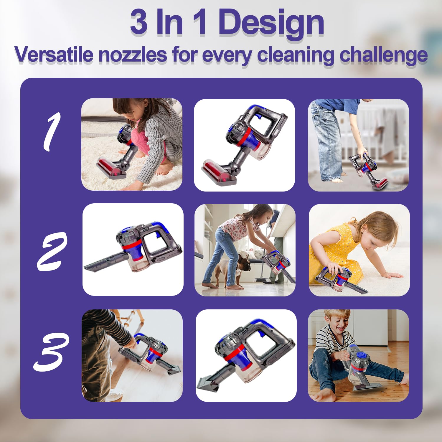 VARANO 3-in-1 Kids Vacuum Cleaner Toy with Real Suction - Functional Toddler Cleaning Toy for Ages 3+ | Pretend Play, Early Learning & Household Helper | Classic Edition for Bedroom, Playroom & Carpet Cleaning Fun
