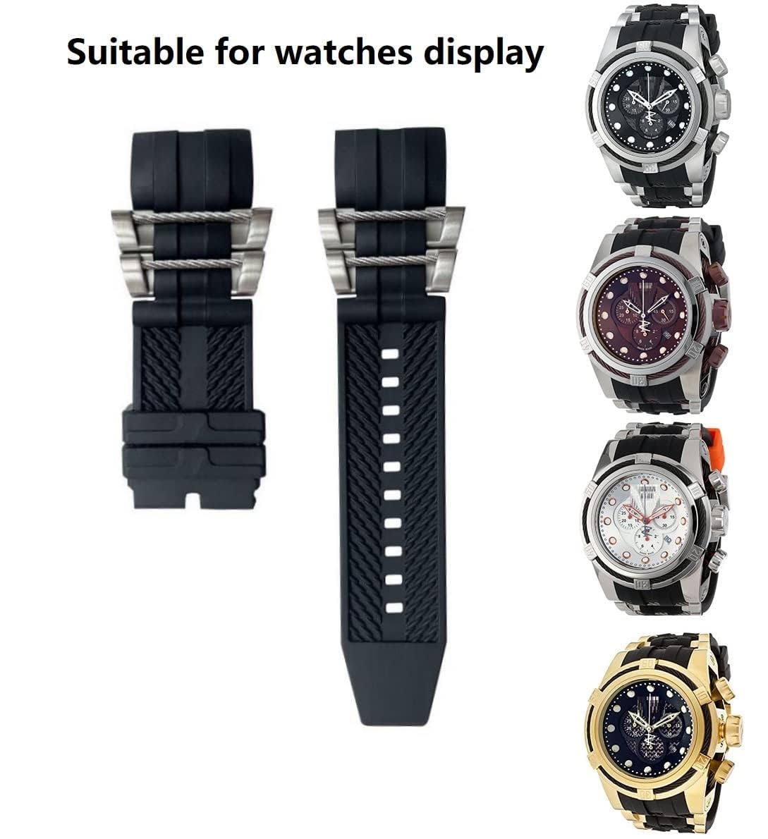 Invicta Reserve Jason Taylor Bolt Zeus Watch Band Replacement Strap - Black Rubber Silicone with Metal Inserts | Durable Watch Strap for Men's Invicta Watches | Perfect for Sports, Diving & Everyday Wear