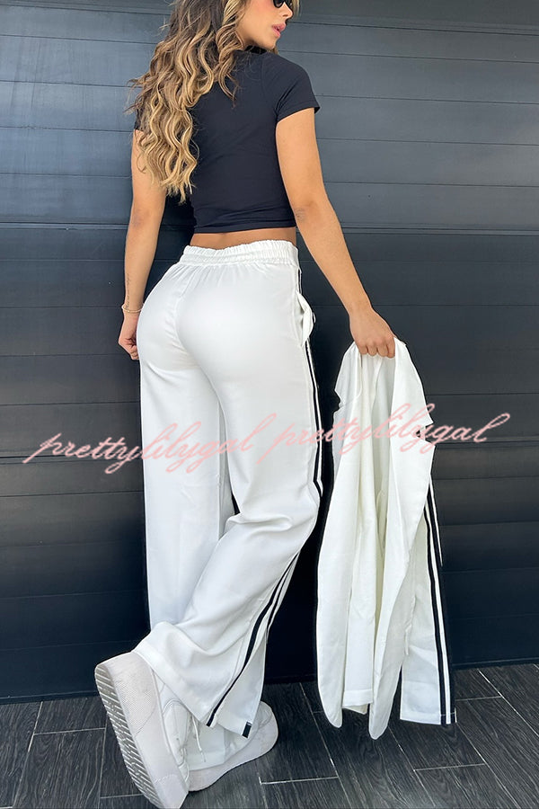 Stylish Striped Lapel Blazer & Elastic Waist Pants Set - Sporty Formal Outfit for Women | Office Wear, Business Casual, Cocktail Parties & Special Occasions