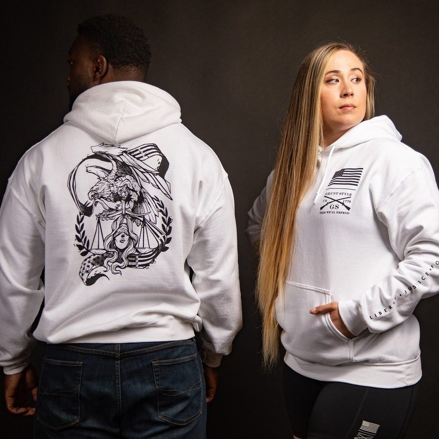 Liberty & Justice Hoodie - White | Patriotic American Pullover Sweatshirt for Men & Women | Perfect for 4th of July, Veterans Day & Casual Wear