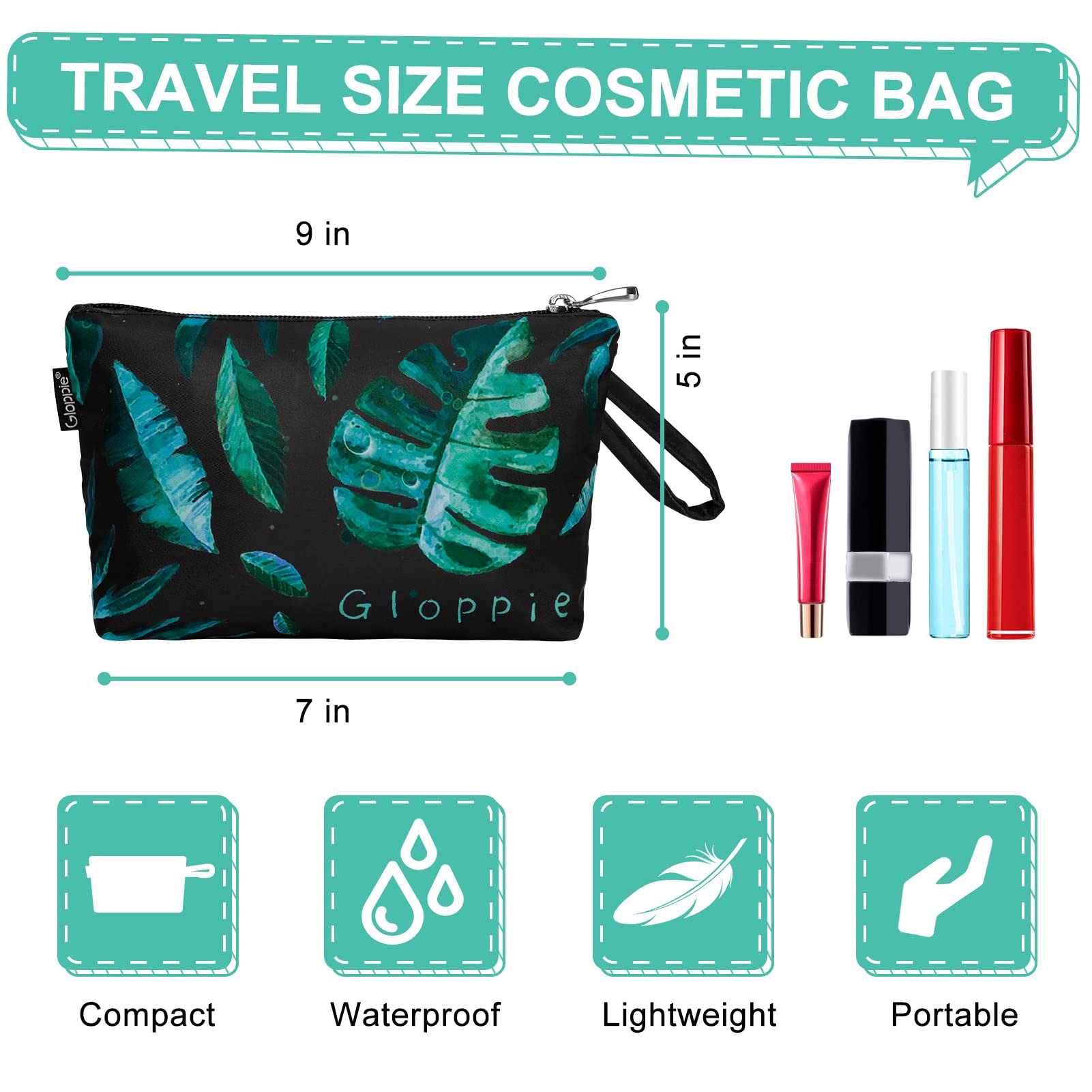 Gloppie Small Makeup Bag for Women - Waterproof Zipper Cosmetic Pouch for Purse Essentials, Sunscreen & Travel Toiletries - Green Leaves Design - Perfect for Daily Use, Travel & Gift Giving