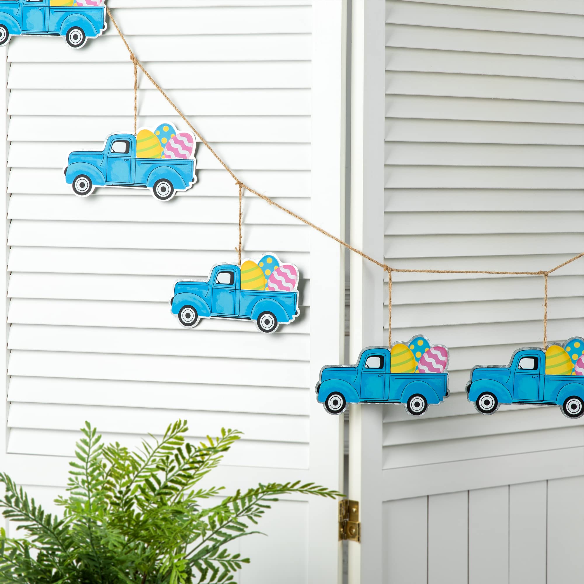 Gglitzhome 6ft Easter Metal Truck Garland - Hanging Egg Decor for Fireplace, Window, Wall, Front Door - Spring Party & Easter Celebration Decoration - Perfect for Home, Church, and Outdoor Festive Events